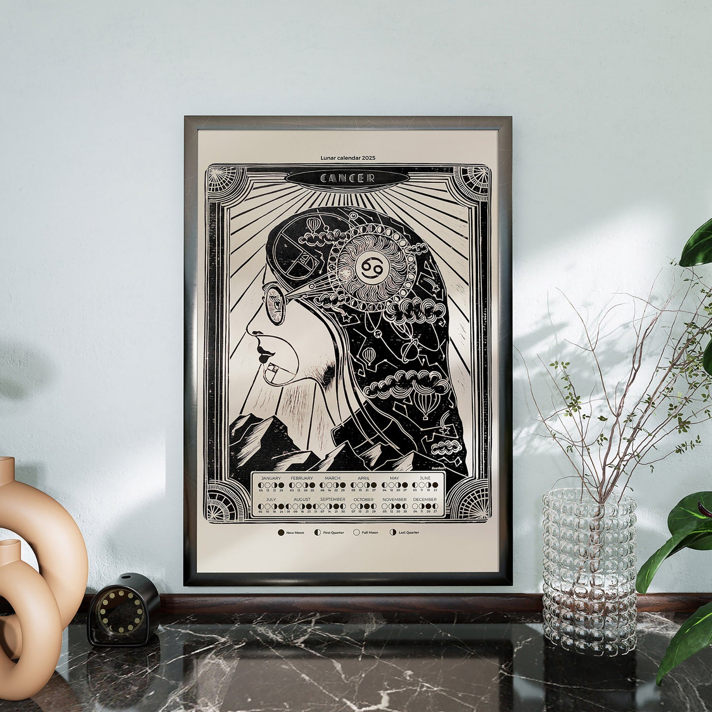 personalized zodiac 2026 moon phases lunar calendar female portrait art deco large linocut prints printable wall art bedroom decor girlfriend new year gift ideas digital poster mother astrology inspired landscape home office contemporary modern chart black bedroom INSTANT DOWNLOAD Aries, Libra, Capricorn, and Cancer, Taurus, Scorpio, Leo, and Aquarius, Gemini, Sagittarius, Virgo, and Pisces nurse gift, retirement gift, teacher retirement gift, going away gift for coworker, employee appreciation gift