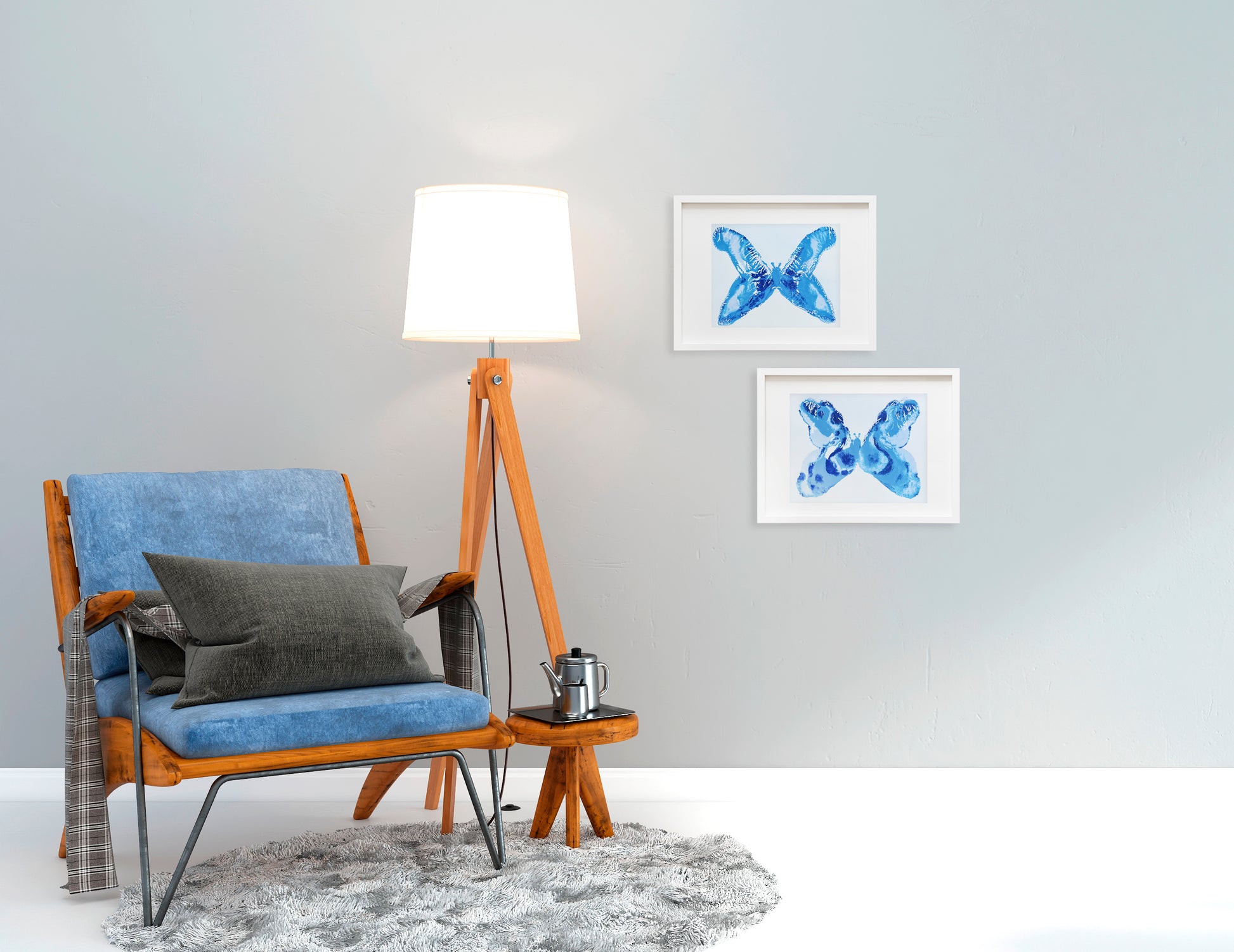 Gallery wall Set of 2 Blue monotype prints Abstract butterflies Original artwork Holiday winter wall art for New home gift, Relief print, Simple artwork, New home gift, Printmaking art, Festive handmade block print, winter art decoration