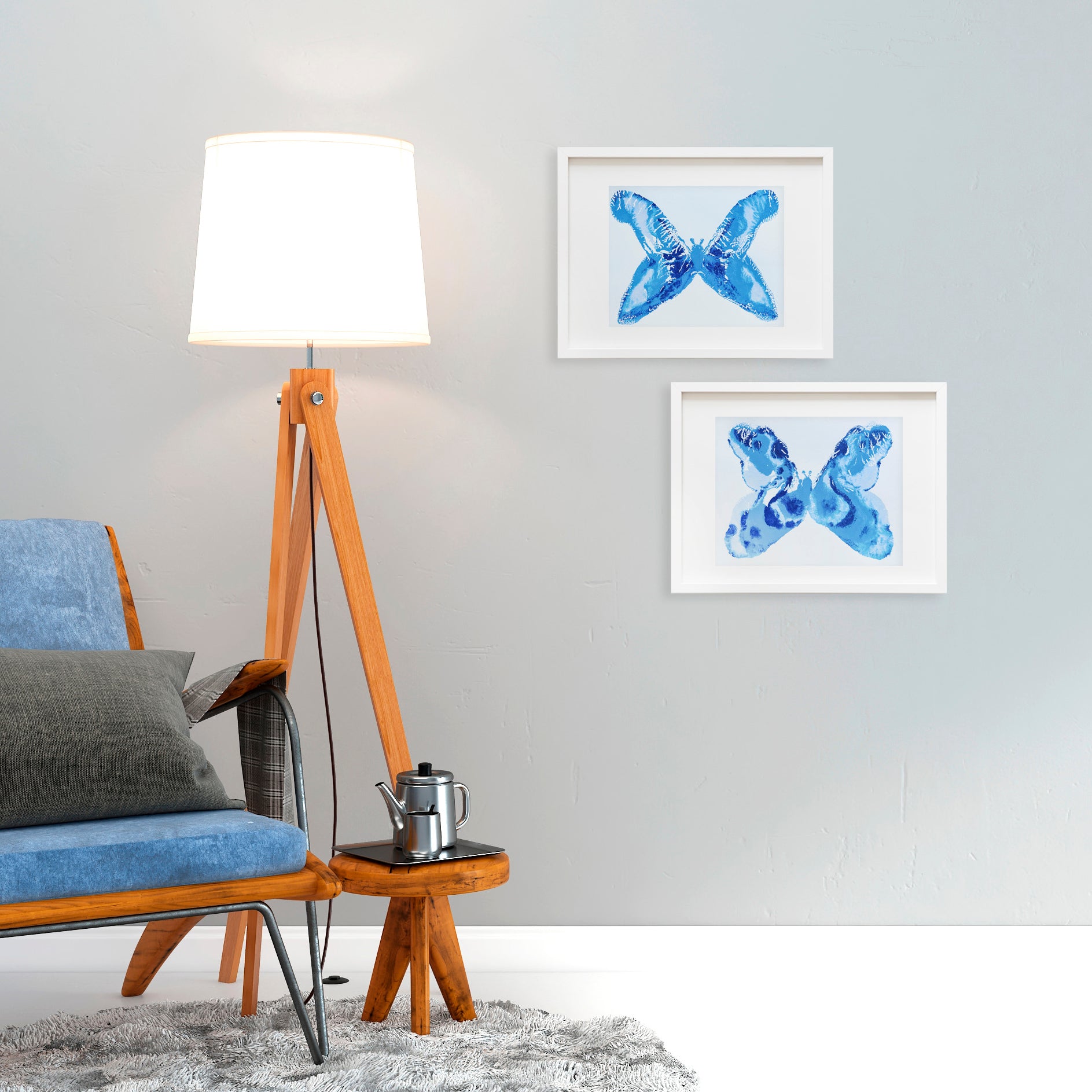 Gallery wall Set of 2 Blue monotype prints Abstract butterflies Original artwork Holiday winter wall art for New home gift, Relief print, Simple artwork, New home gift, Printmaking art, Festive handmade block print, winter art decoration