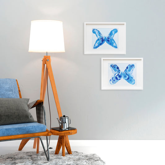 Gallery wall Set of 2 Blue monotype prints Abstract butterflies Original artwork Holiday winter wall art for New home gift, Relief print, Simple artwork, New home gift, Printmaking art, Festive handmade block print, winter art decoration