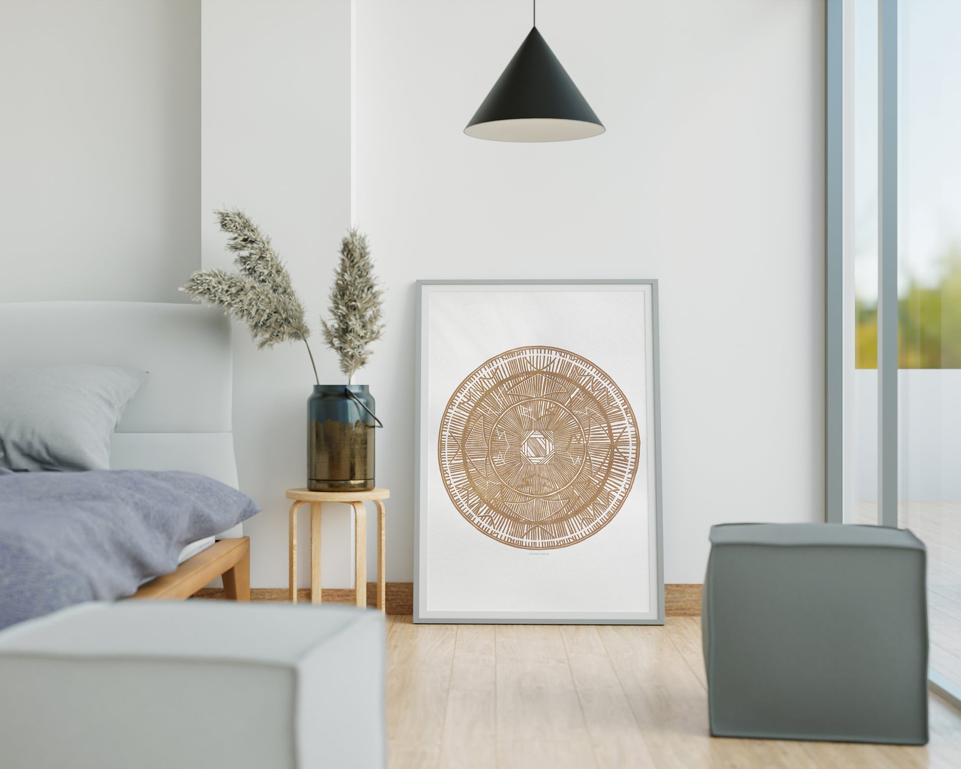 Large linocut print Brown geometric bohemian eclectic circle African american wall art Original artwork for Living room Bedroom decor handmade lino print Linogravure Printmaking relief block print Housewarming gift Mother day gift New home gift