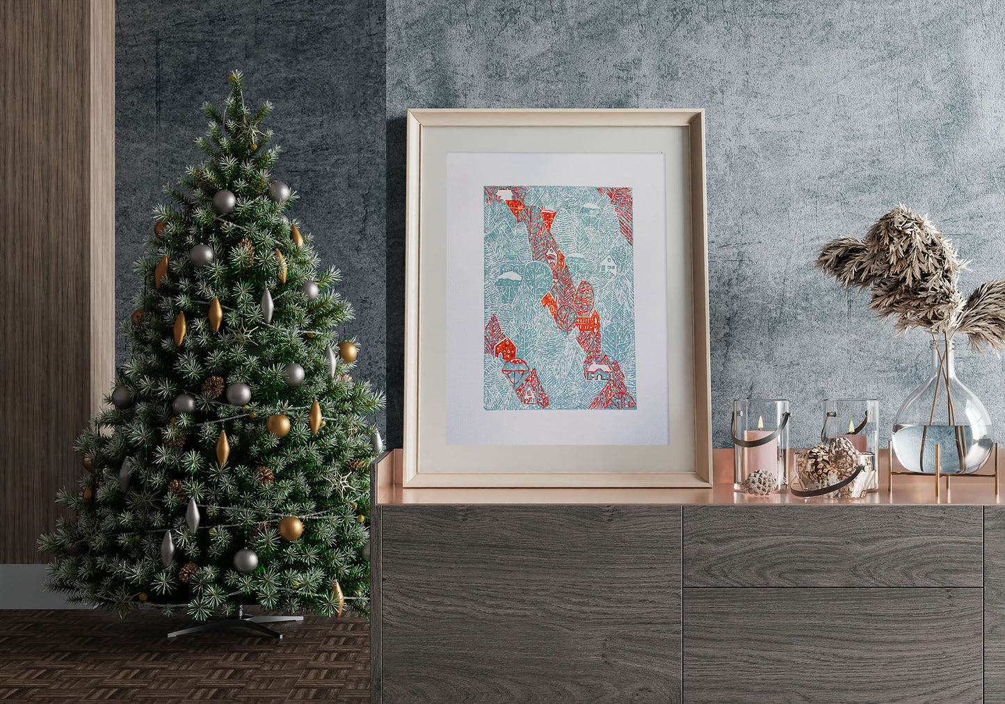 Blue winter forest with Red houses Linocut print Holiday wall art 14x20 for living room or kids room wall decor UNFRAMED, Lino print, Linogravure, Original artwork, New home gift, Noel decoration, Christmas holiday, printmaking, relief print, handmade art decor