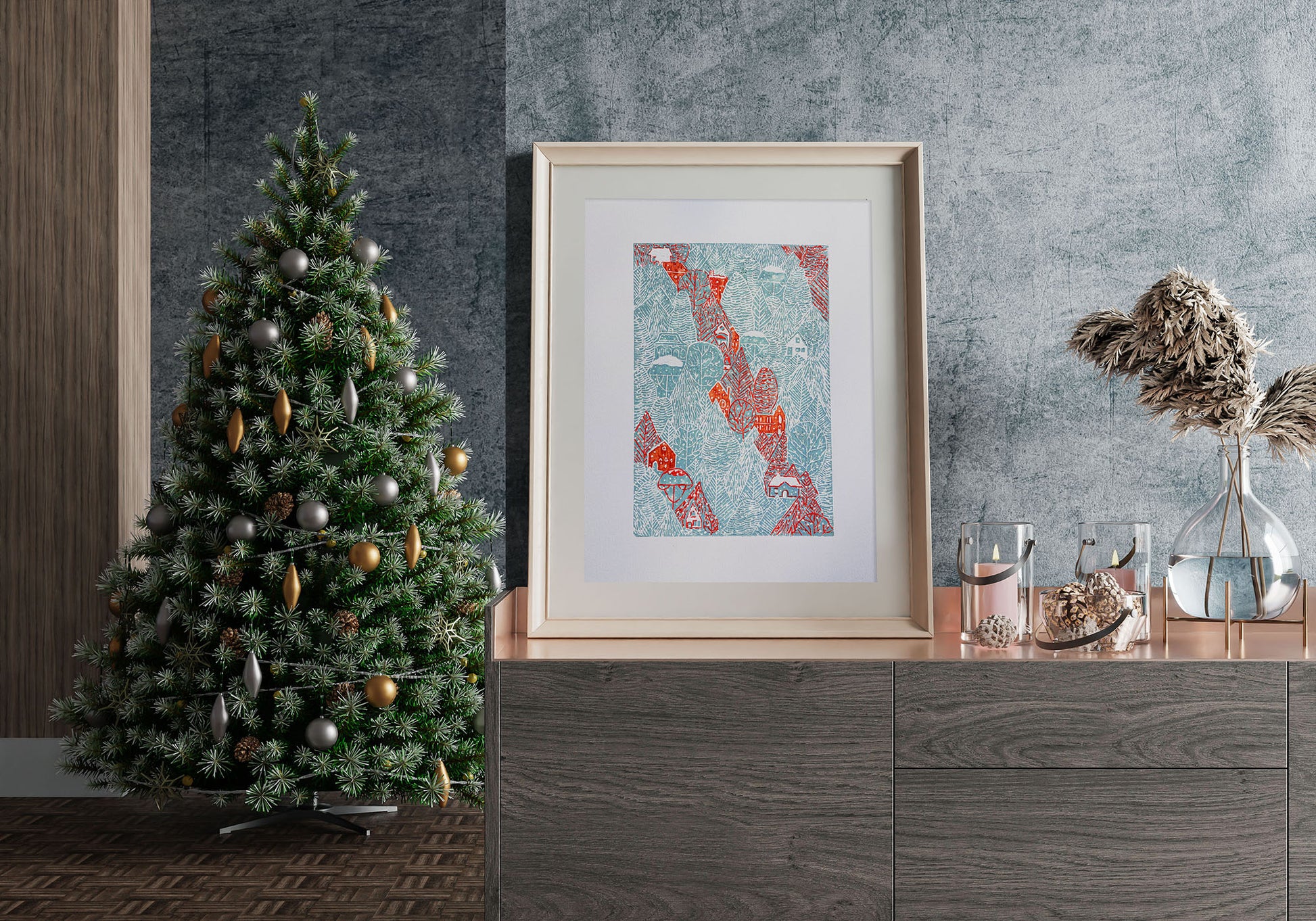 Blue winter forest with Red houses Linocut print Holiday wall art 14x20 for living room or kids room wall decor UNFRAMED, Lino print, Linogravure, Original artwork, New home gift, Noel decoration, Christmas holiday, printmaking, relief print, handmade art decor