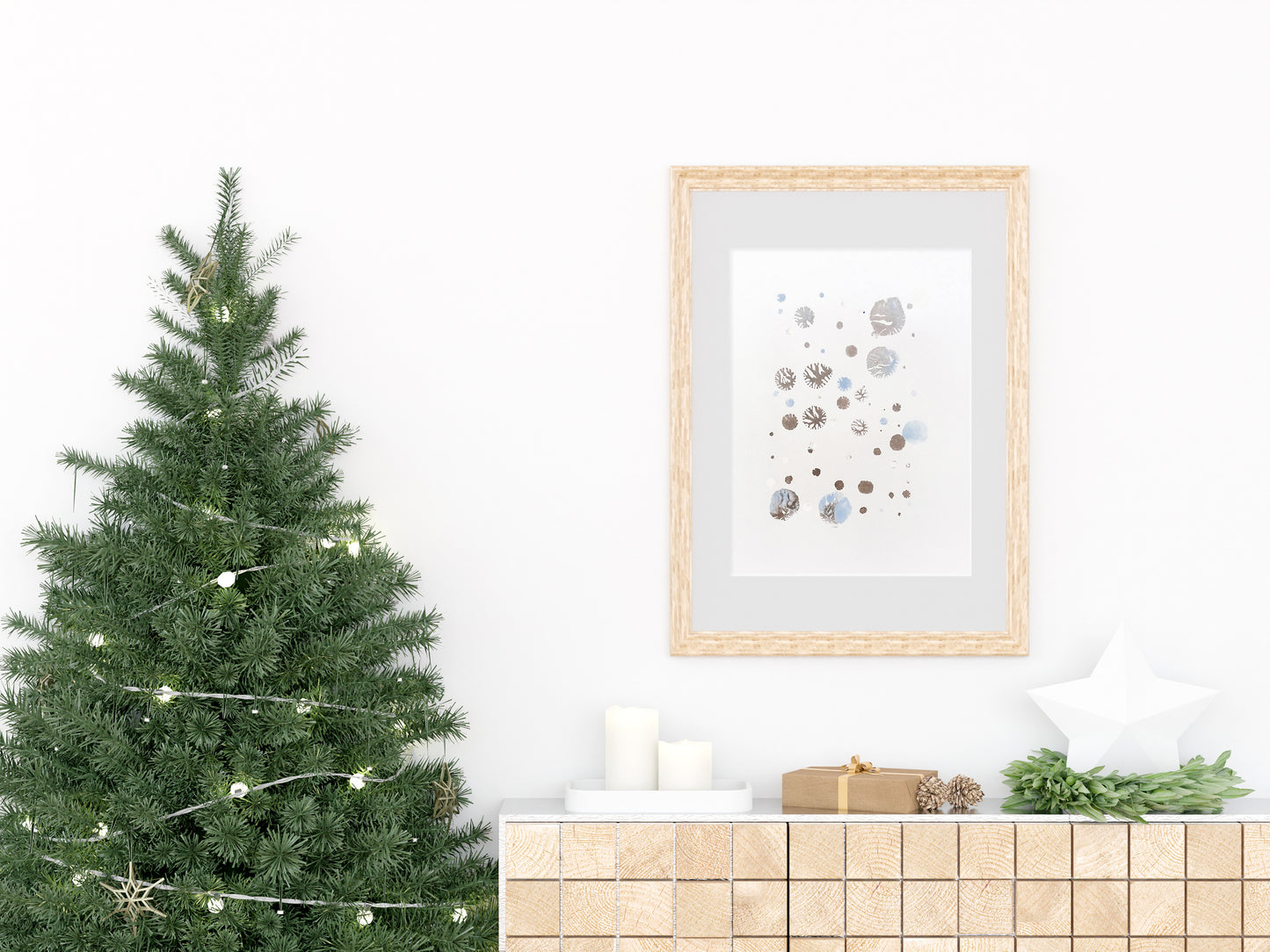Monotype print, Bedroom wall decor, Living room wall art, Printmaking art, relief print, Original artwork, Blue and silver art, abstract snowflakes, Holiday winter wall, Christmas art festive decor, Noel decoration, Minimalist art, home acsessories wall decoration, workspace wall decor