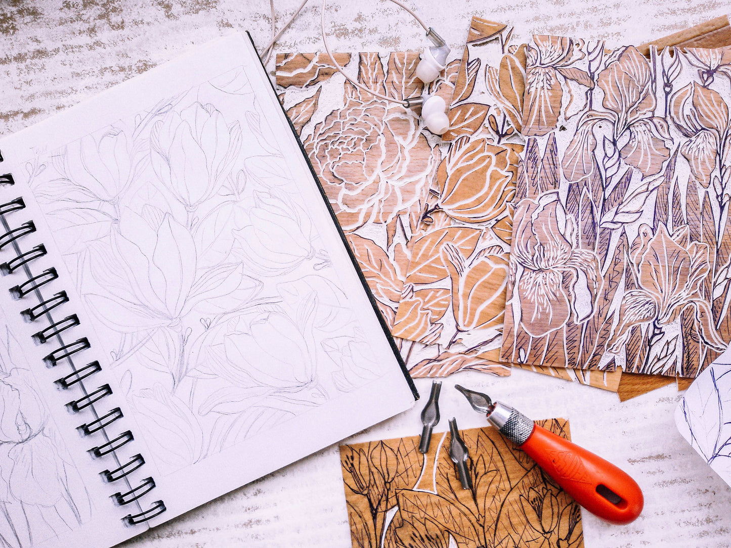 Sketches and lino block / linocutting