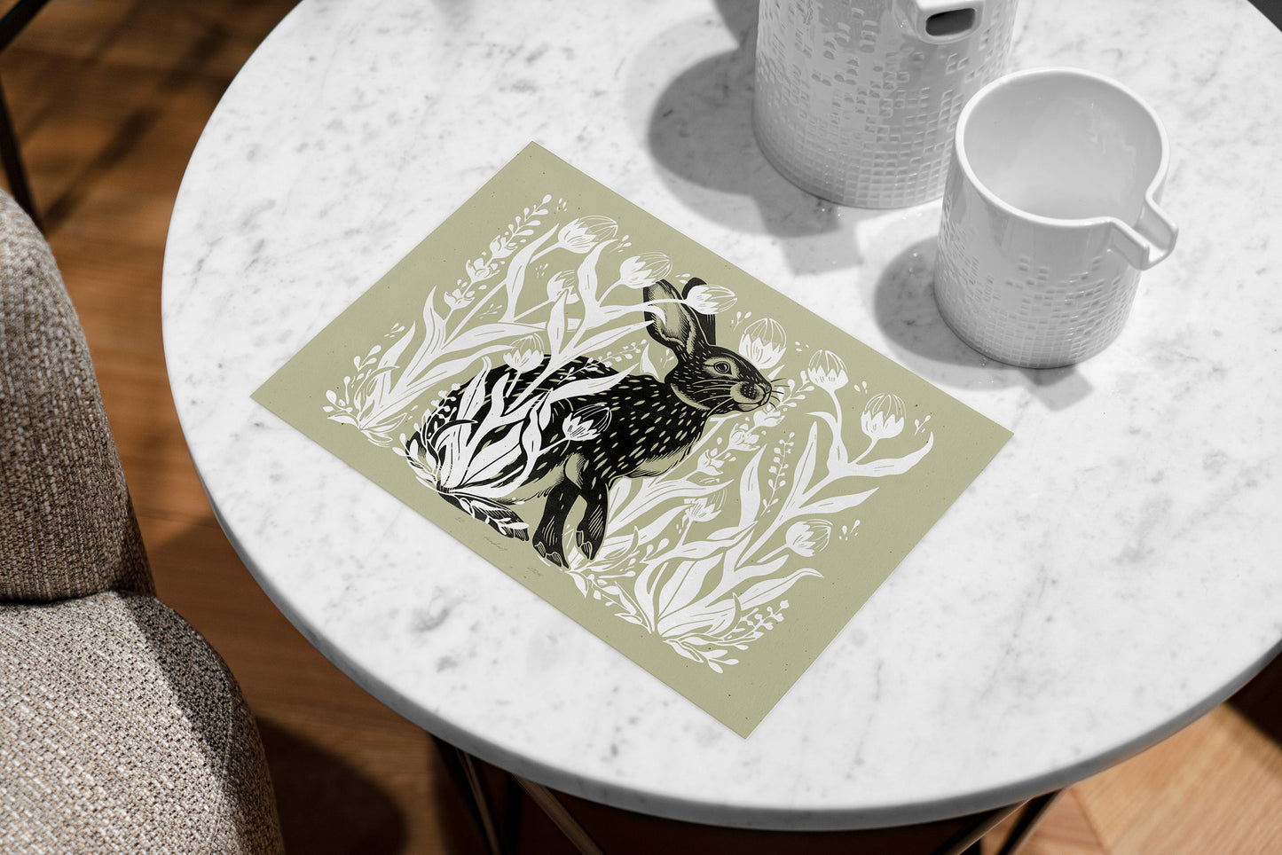 Living room wall art Nature lover gift Printable linocut Cottagecore decor Digital downloadable linogravure lino foraged poster Bedroom kids rooom prints Bunny plant House warming gift farm relief texture wildflower vintage Green rabbit hare