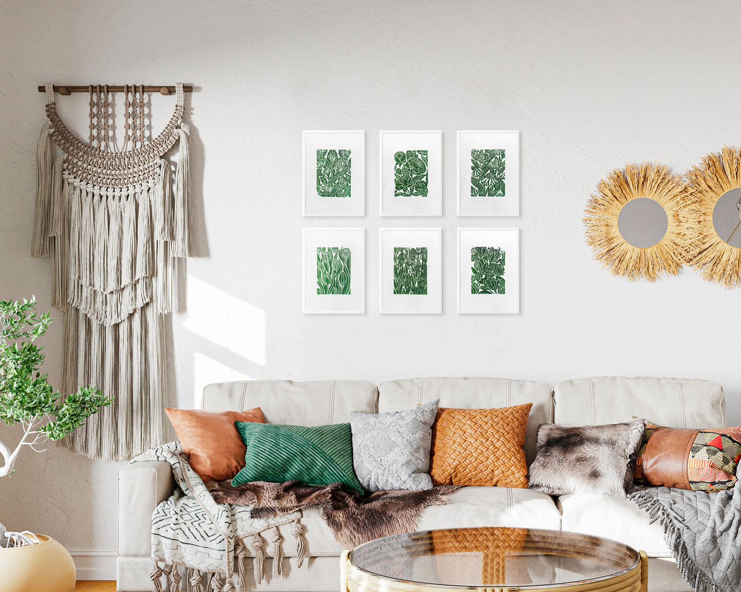 Green Gallery wall set of 6 art Botanical flowers - Jasmine peonies echinacea tulips iris magnolia illustration Linocut print for Nature lover gift UNFRAMED Housewarming gift Nature lover gift New home gift Kitchen wall decor Living room bedroom decor Original artwork