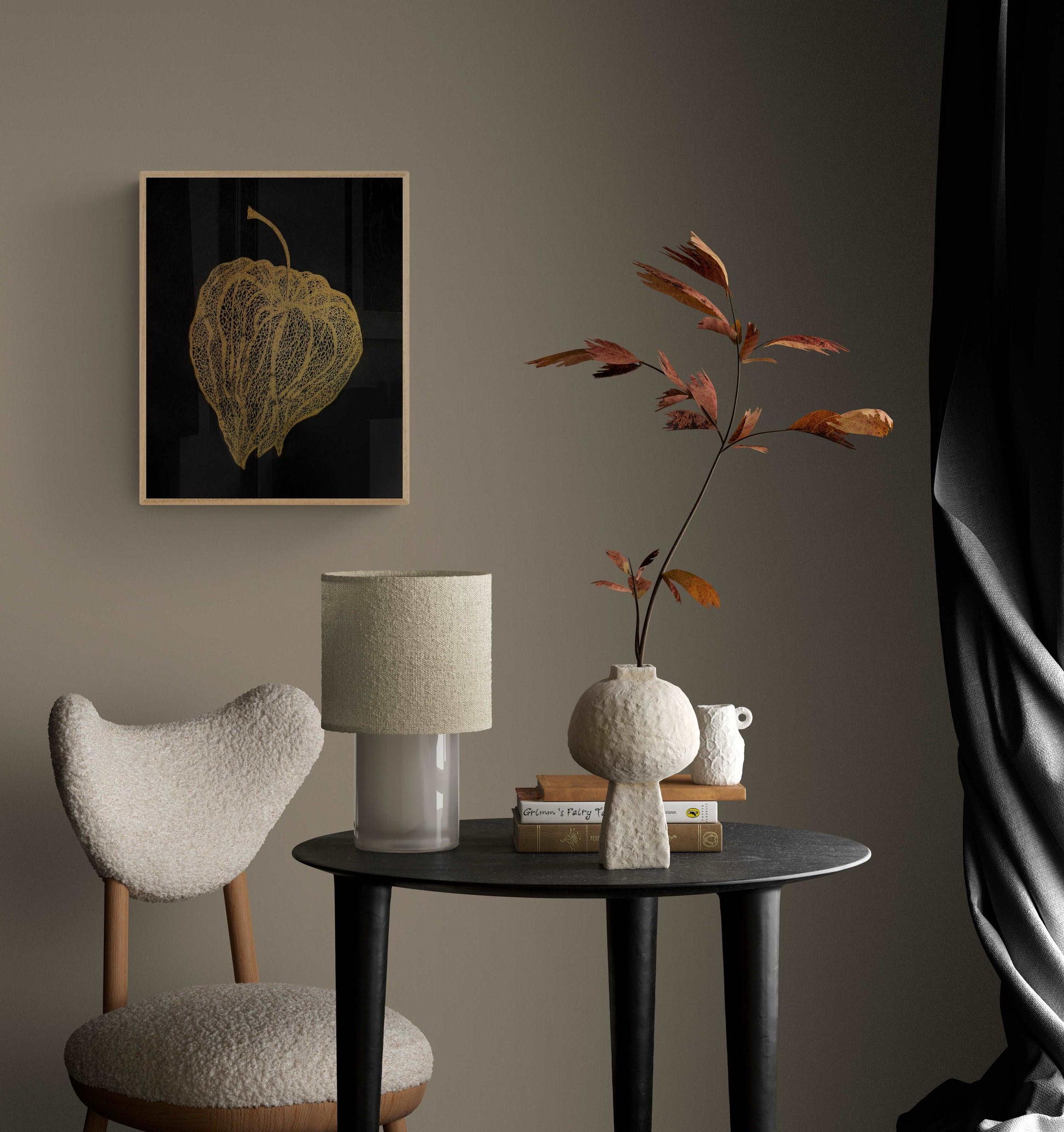 Black and gold Physalis plant Linocut print for New home gift UNFRAMED for living room or bedroom 20x16 in floral wall art Original artwork Classical art