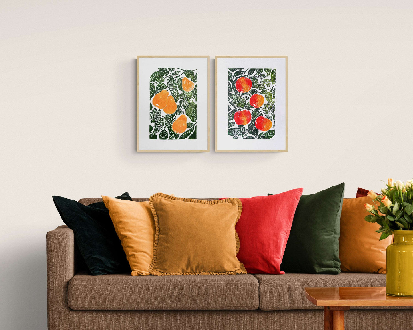 Set of 2 linocut prints with fruits for bedroom gallery wall
