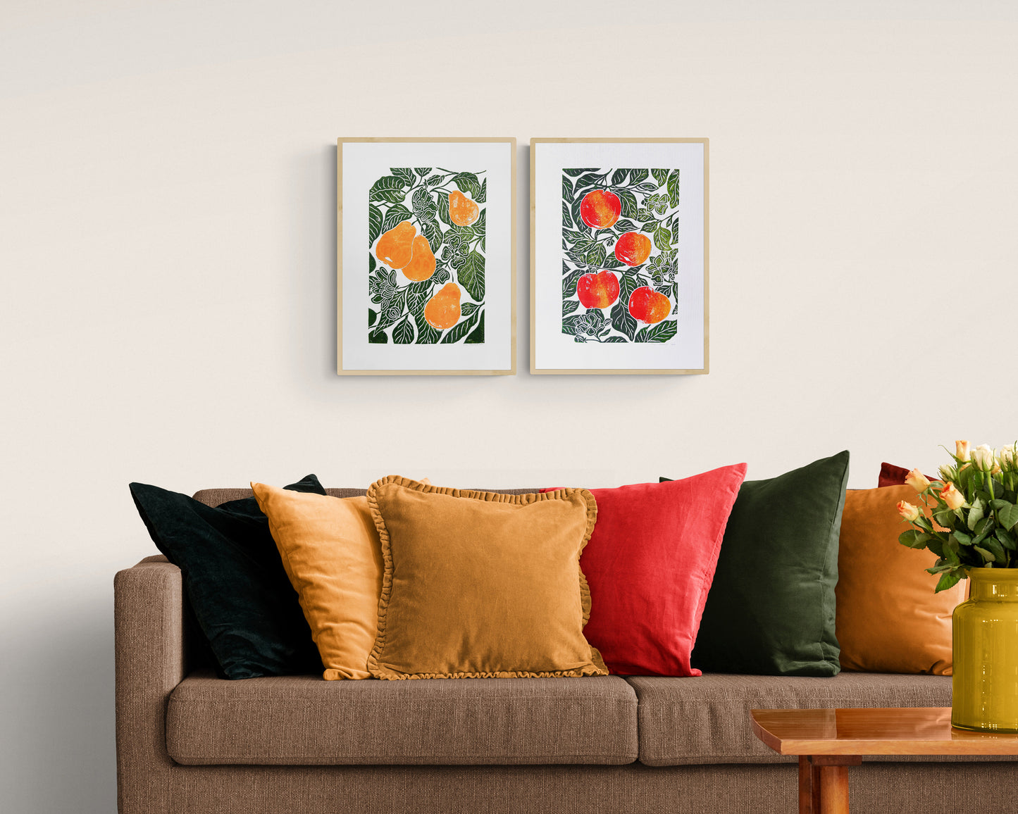 Gallery wall set of 2 Linocut print Yellow pears and red apples Botanical wall art for farm kitchen art and nature lover gift UNFRAMED 12x16 / lino print, relief print, original artwork, block print, printmaking, linogravure, new home gift, housewarming, nature lovers gift, living room, dining room