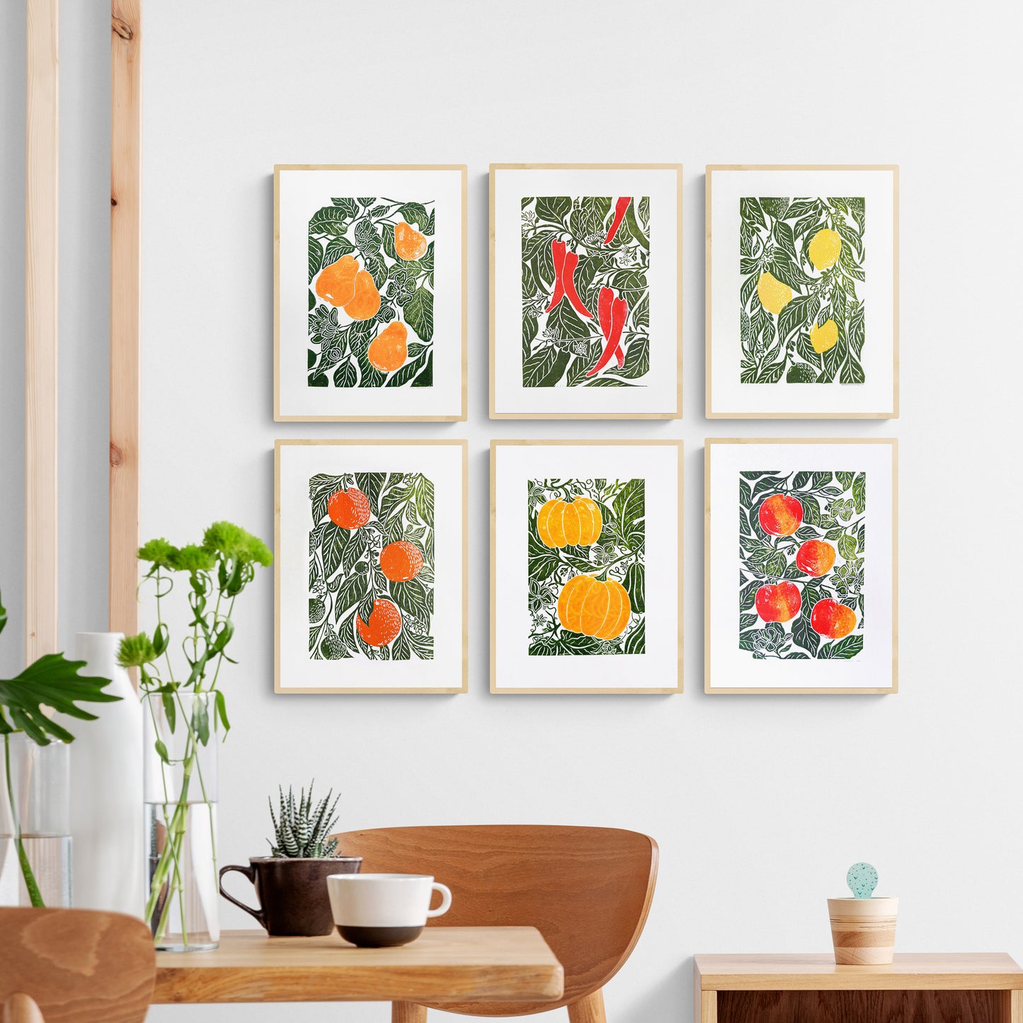 Gallery wall set of 6 linocut print Oranges Lemon Pumpkin Apples Chili papper Pear botanical fruit and vegetables for modern kitchen wall art or Nature lover gift UNFRAMED / original artwork, handmade art, printmaking, lino print, linogravure, farm kitchen art, living room decor, dining room wall art, bedroom art, new home gift, farmhouse gift, floral wall art