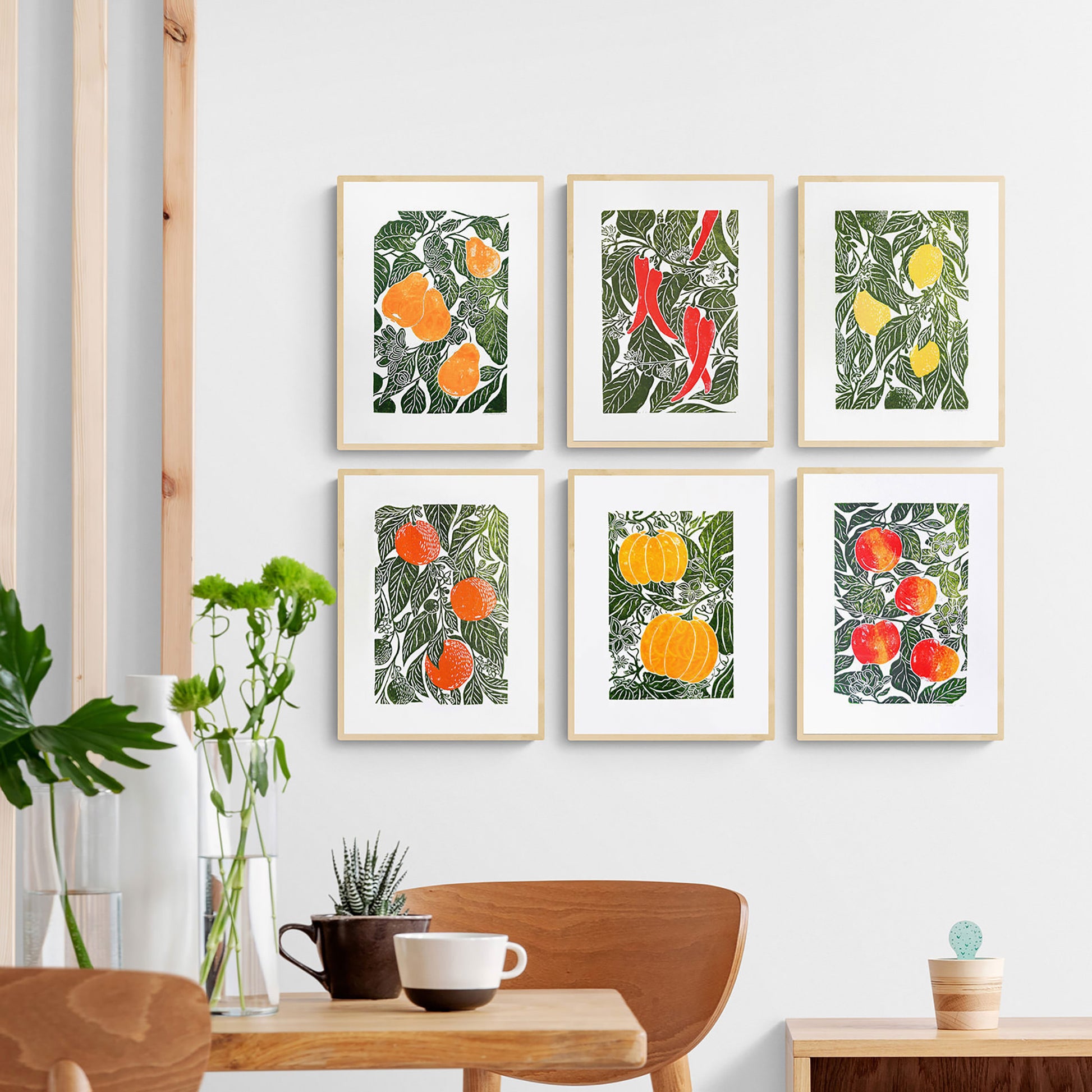 gallery wall set of 6 large Oranges pears chili lemons pumpkin apples linocut print Original artwork Botanical fruit for modern kitchen wall art decor