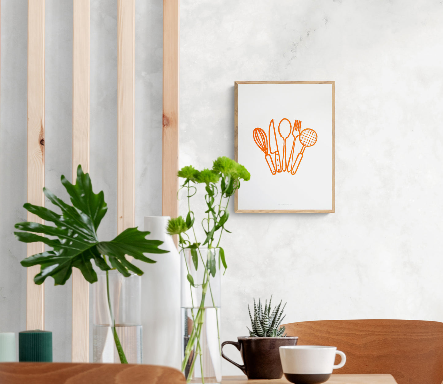 Orange kitchen utensils Linocut print Printmaking relief wall art Spoon fork knife whisk Simple original artwork for Modern kitchen decor Dining room Block minimalist Handmade print wall Home decor Decorations Accessories