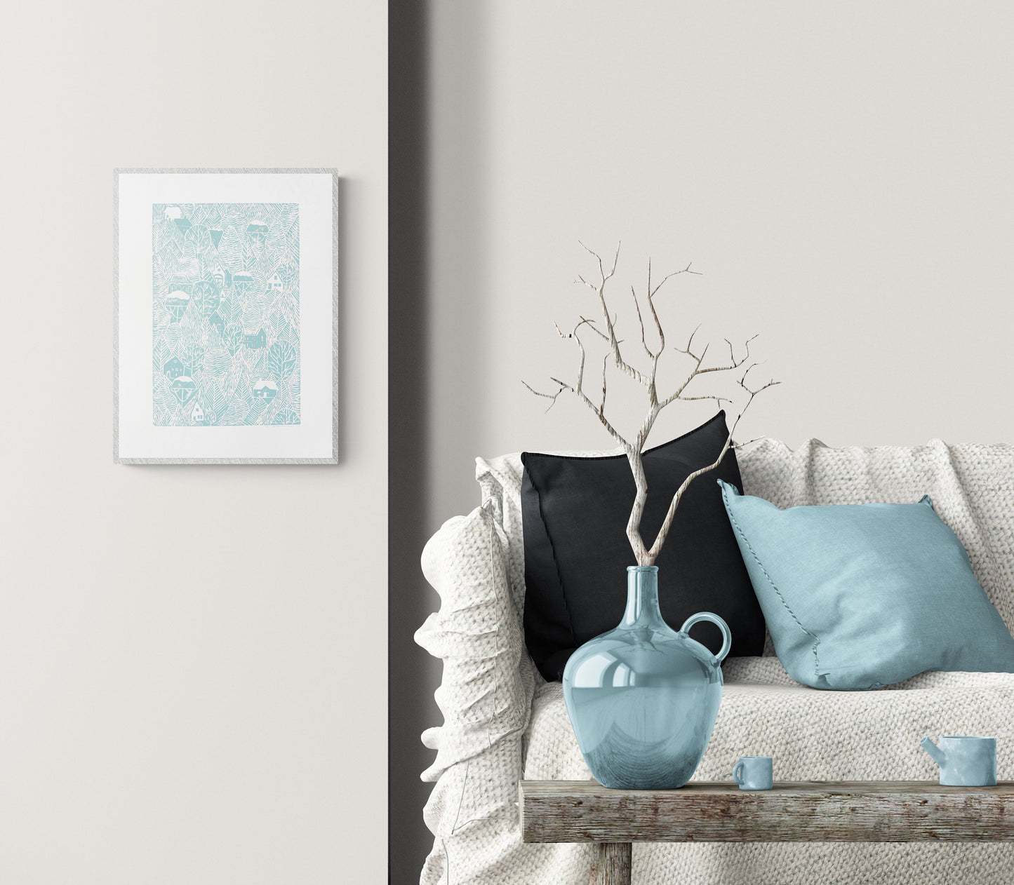 Holiday winter wall art Linocut print Light blue forest with houses Original artwork 12x16 for New home gift and bedroom wall decor UNFRAMED, Linogravure, Living room wall art, Farmhouse wall decor, block print, New home gift, bedroom wall decor, lino print, handmade print art, printmaking