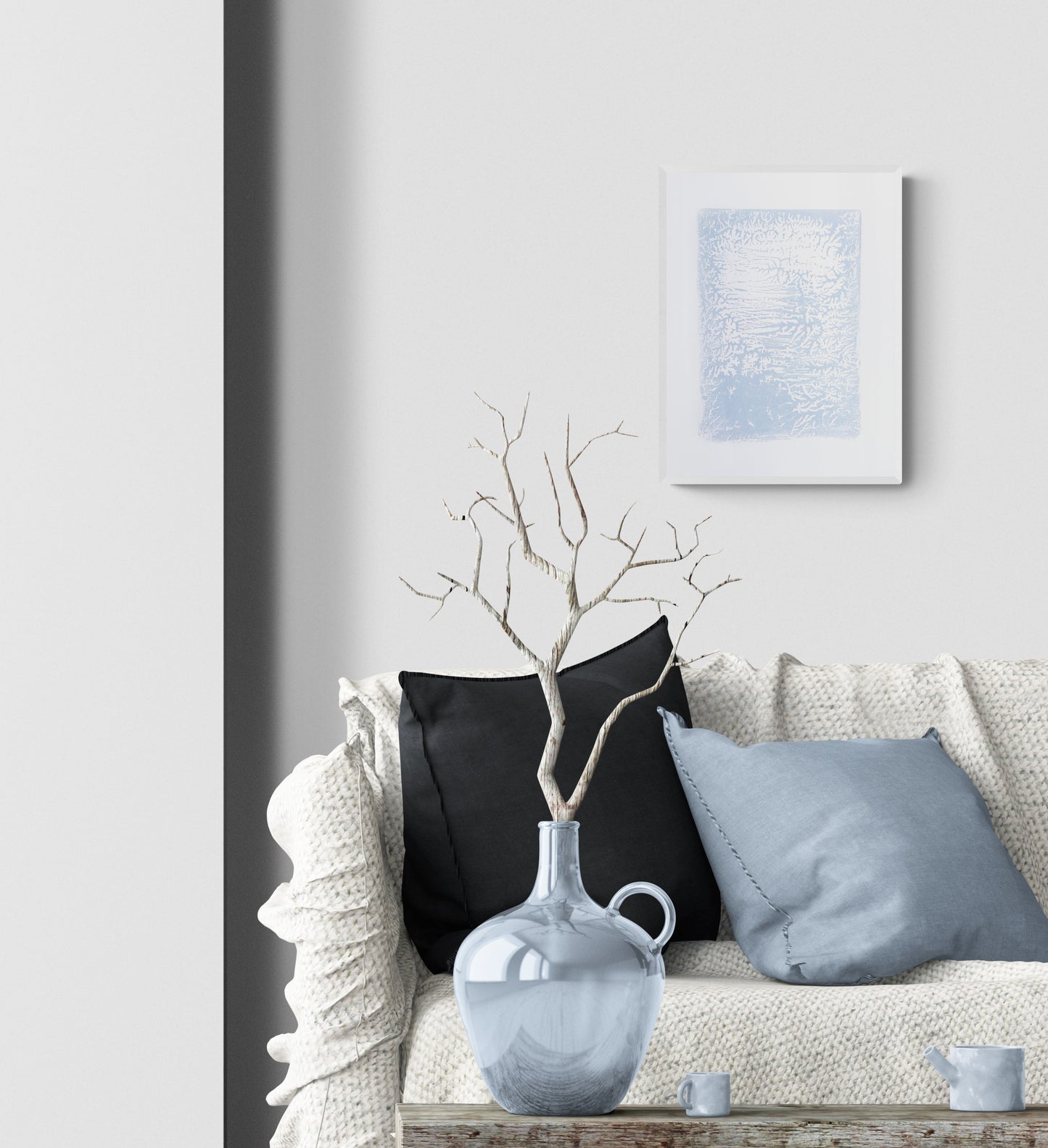 Light blue abstract relief Monotype print N2 for New home gift UNFRAMED Housewarming gift modern Living room or bedroom decor Original artwork Classical wall decor
