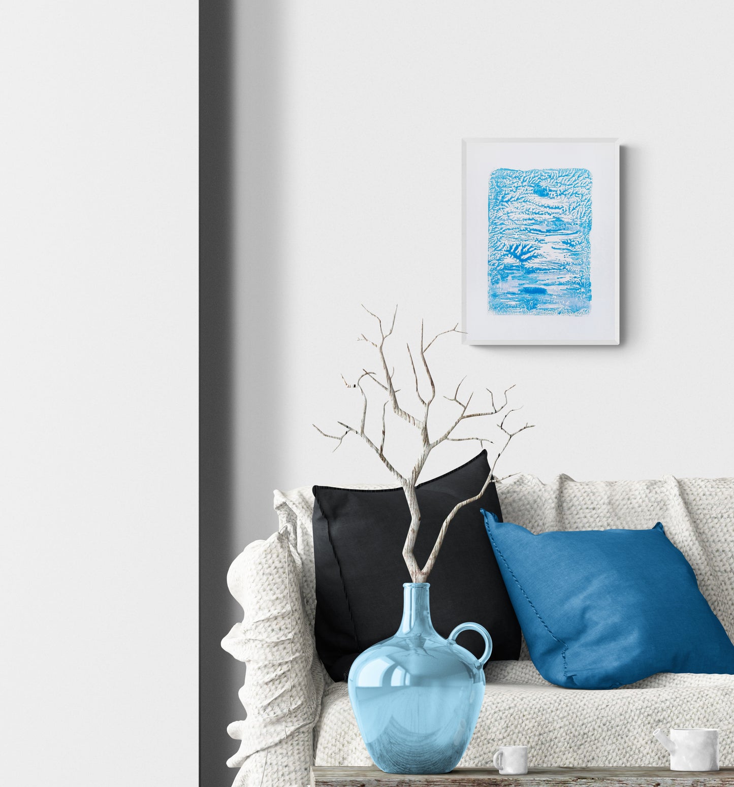 Bright blue abstract relief Monotype print №6 for New home gift UNFRAMED Living room or bedroom decor Original artwork Classical wall decor