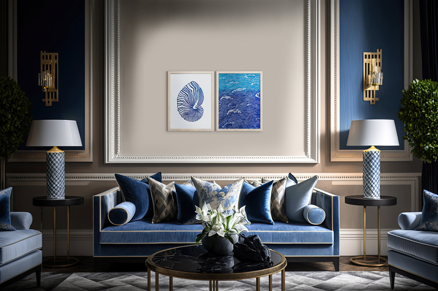 Gallery wall set of 2 Blue sea shell and ocean waves wall art Linocut print UNFRAMED / costal art / hampton style / nautical wall art / lino print / linogravure / original artwork for bedroom / bathroom / living room