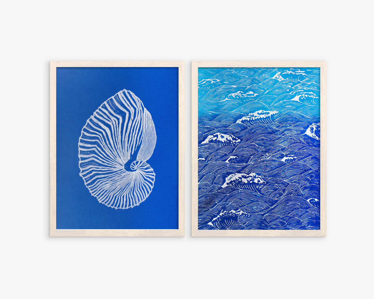 Gallery wall set of 2 Linocut print Blue ocean waves and sea shell wall art 12x16 for Nature lovers gift UNFRAMED / lino print / linogravure / original artwork / printmaking / hampton style / costal wall art / nautical wall art for bedroom, living room, bathroom / classical wall art