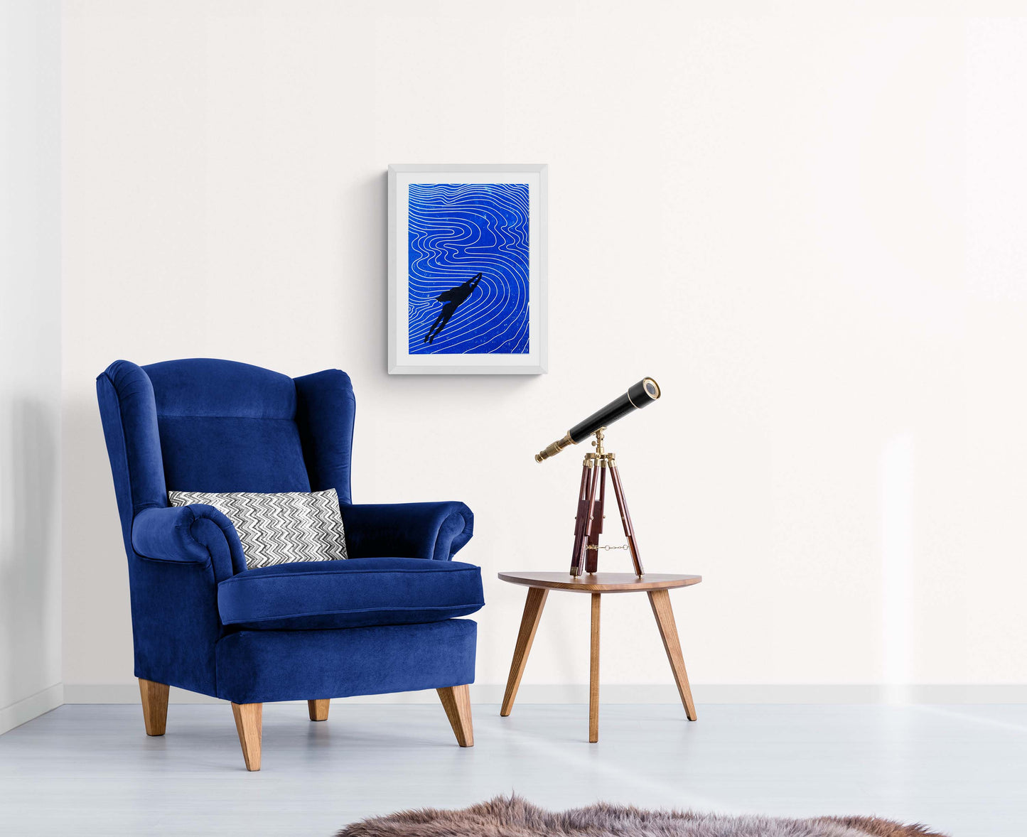 Girl swimming and Abstract blue water Linocut print art for Bedroom wall decor UNFRAMED for summer vibe in your bedroom, bathroom, living room, original artwork