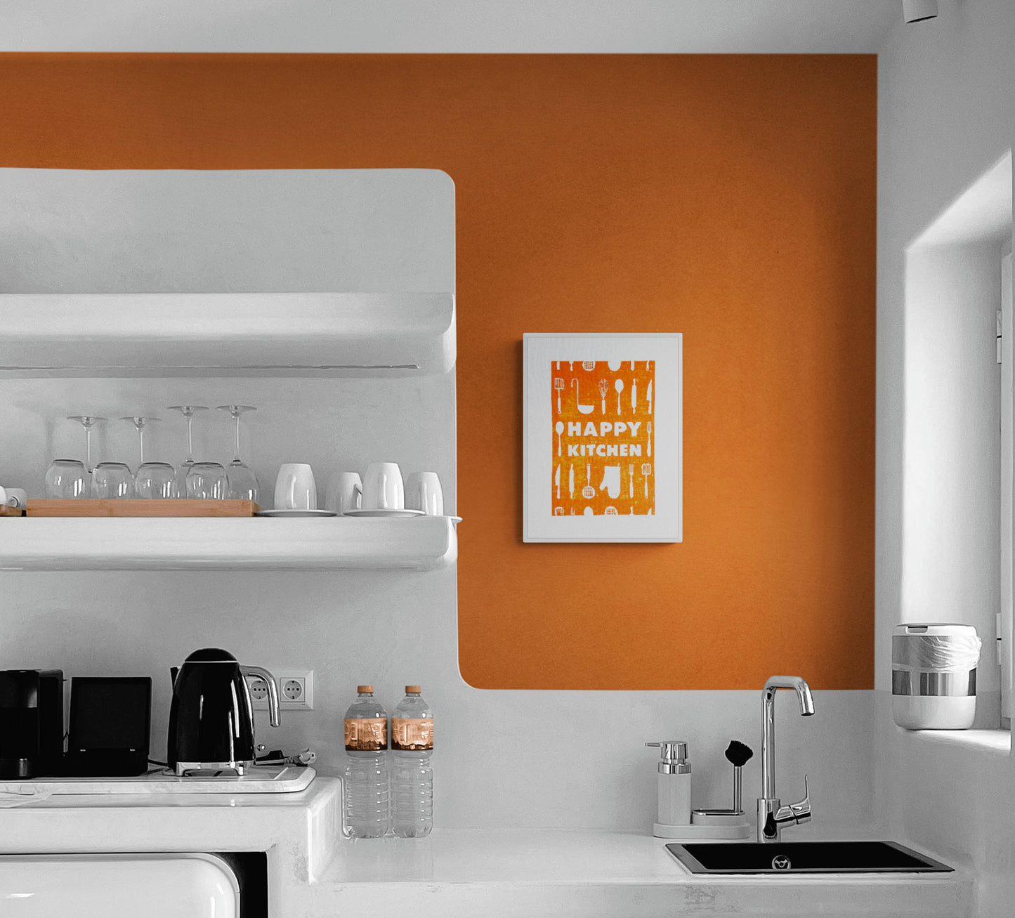 Orange utensils pattern Happy kitchen sign Linocut print Simple original artwork Printmaking for Modern kitchen art Dining room wall decor Linogravure Lino print Farmhouse wall decor New home gift  Printmaking Handmade wall decoration relief block wall art print