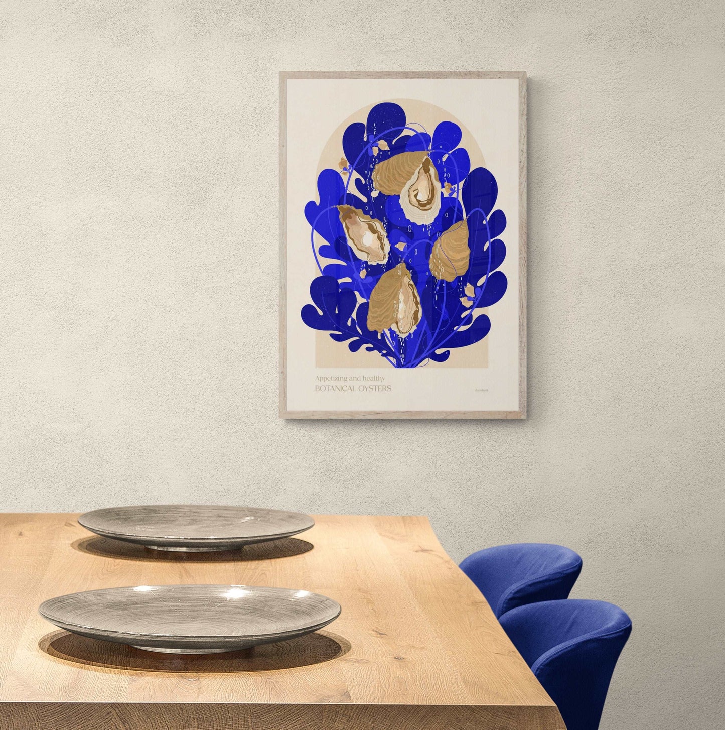 Botanical vintage oysters shells poster art for modern kitchen and dining room