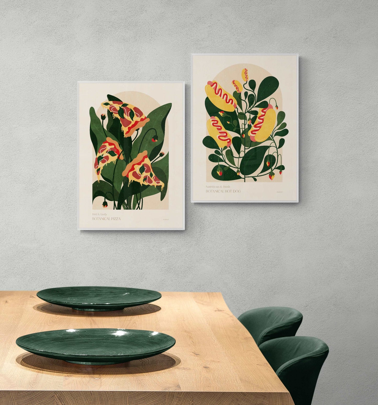 Gallery wall set of 2 food posters / pizza and hot dog digital illustration