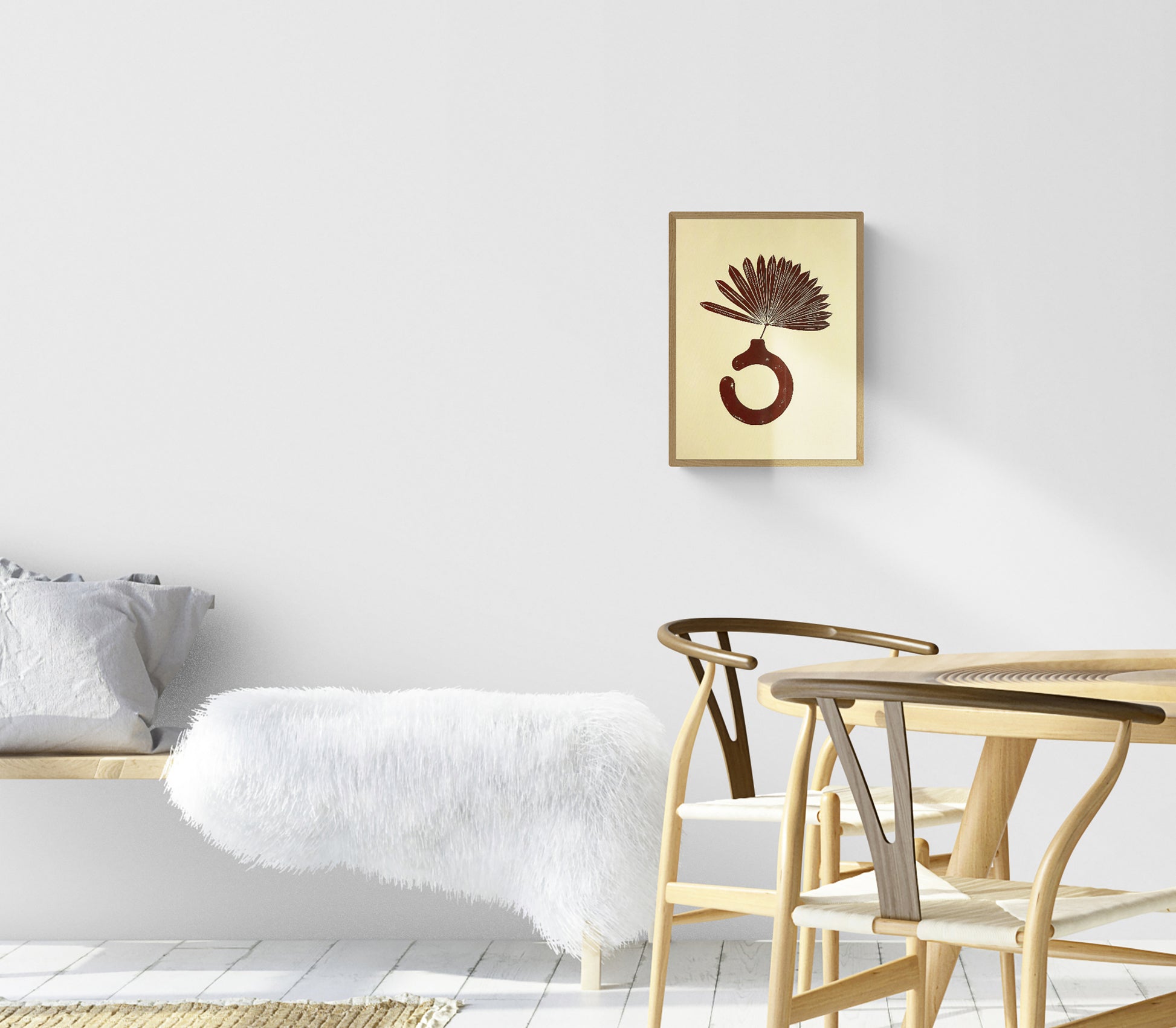 Yellow and brown Boho vase and plant art Linocut print for New home gift UNFRAMED for living room or bedroom