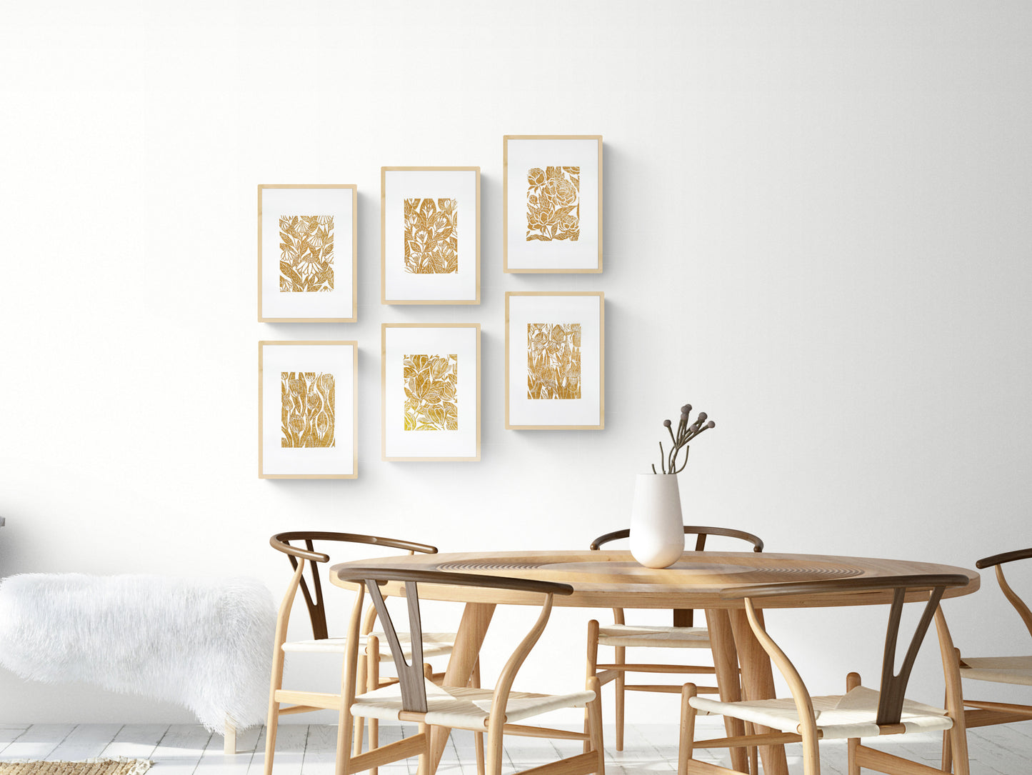 Ochre Gallery wall set of 6 art Botanical flowers - Jasmine peonies echinacea tulips iris magnolia illustration Linocut print for Nature lover gift UNFRAMED Housewarming gift Nature lover gift New home gift Kitchen wall decor Living room bedroom decor Original artwork