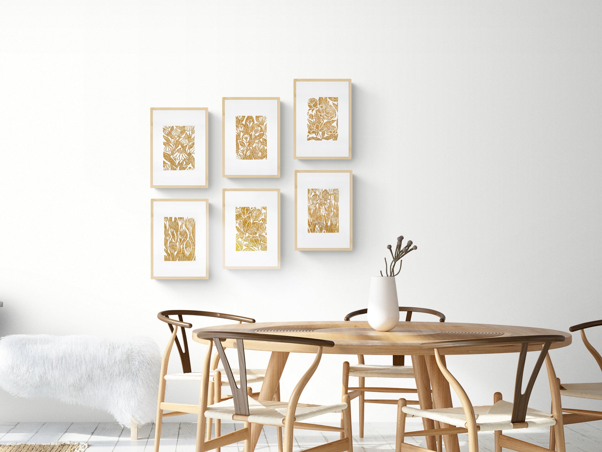 Ochre Gallery wall set of 6 art Botanical flowers - Jasmine peonies echinacea tulips iris magnolia illustration Linocut print for Nature lover gift UNFRAMED Housewarming gift Nature lover gift New home gift Kitchen wall decor Living room bedroom decor Original artwork