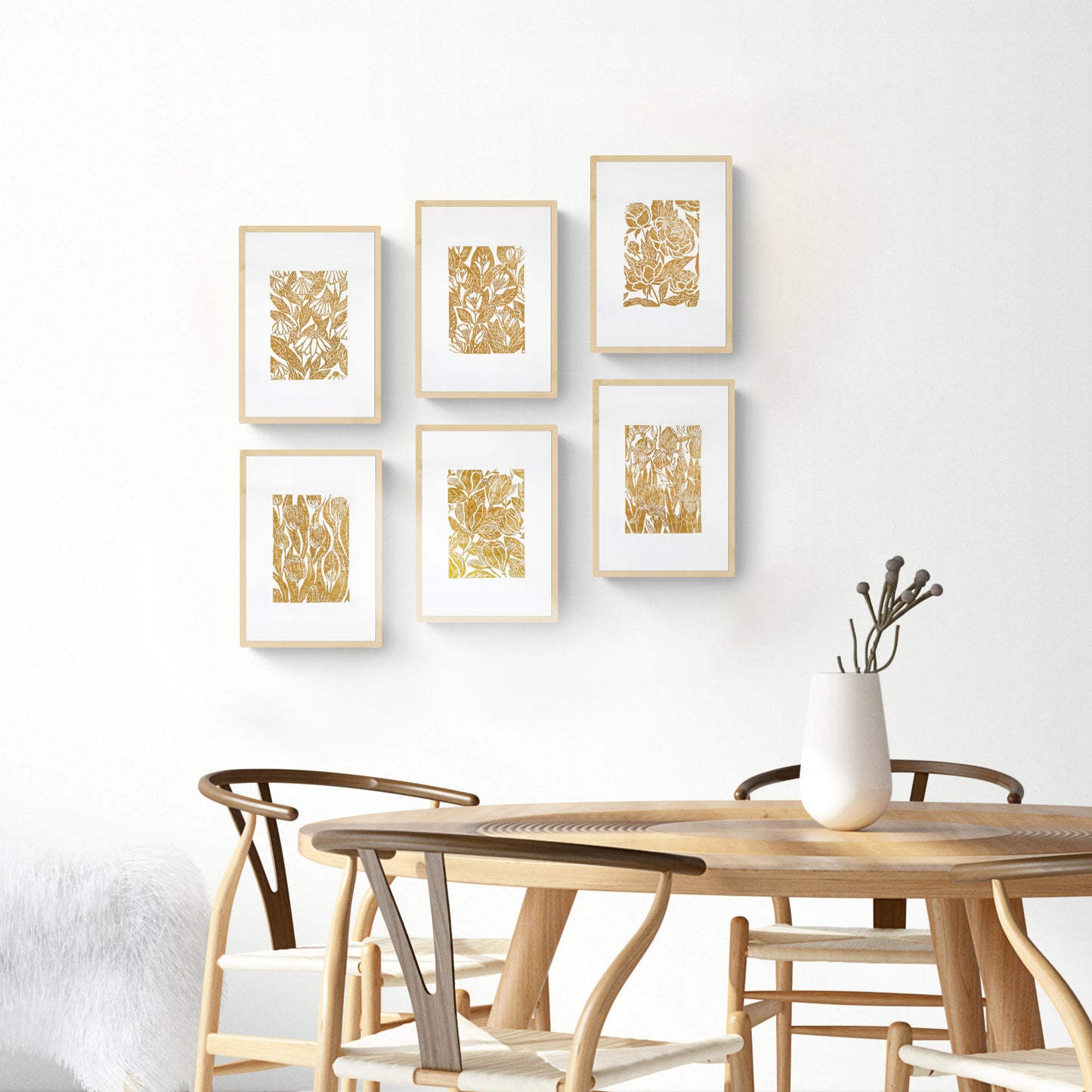 Ochre Gallery wall set of 6 art Botanical flowers - Jasmine peonies echinacea tulips iris magnolia illustration Linocut print for Nature lover gift UNFRAMED Housewarming gift Nature lover gift New home gift Kitchen wall decor Living room bedroom decor Original artwork