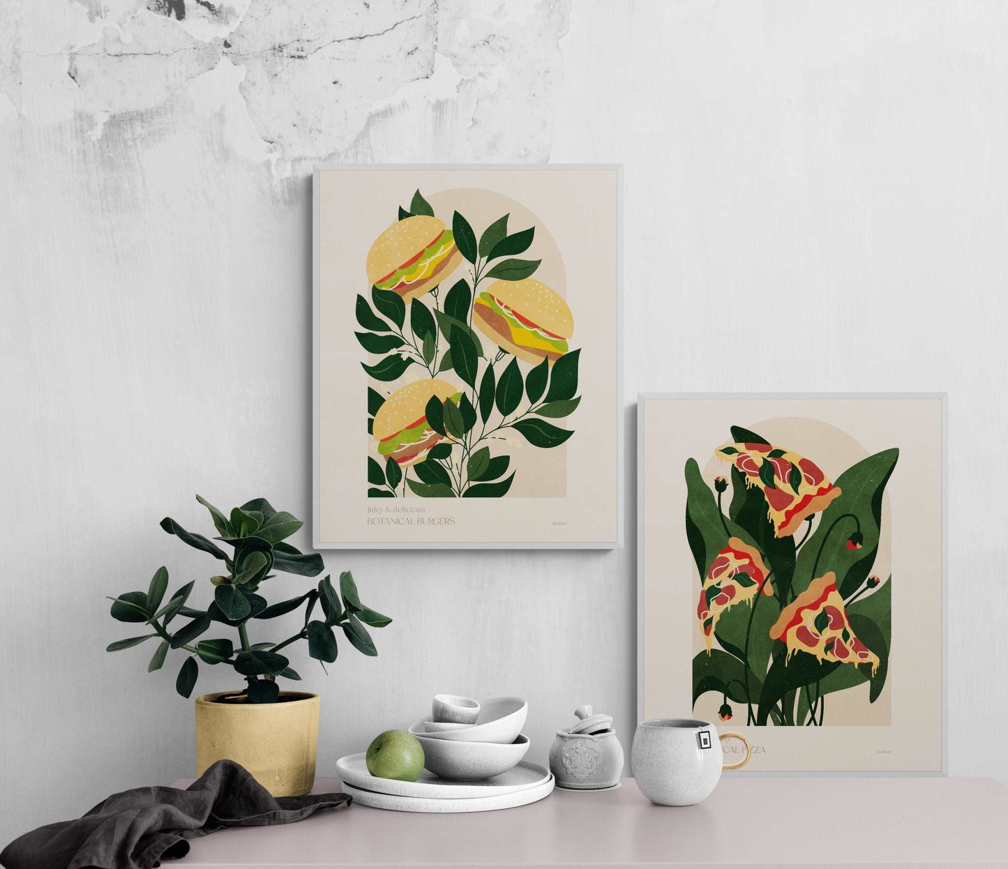 Set of 2 digital illustrations with burgers and pizza wall posters for modern kitchen decor