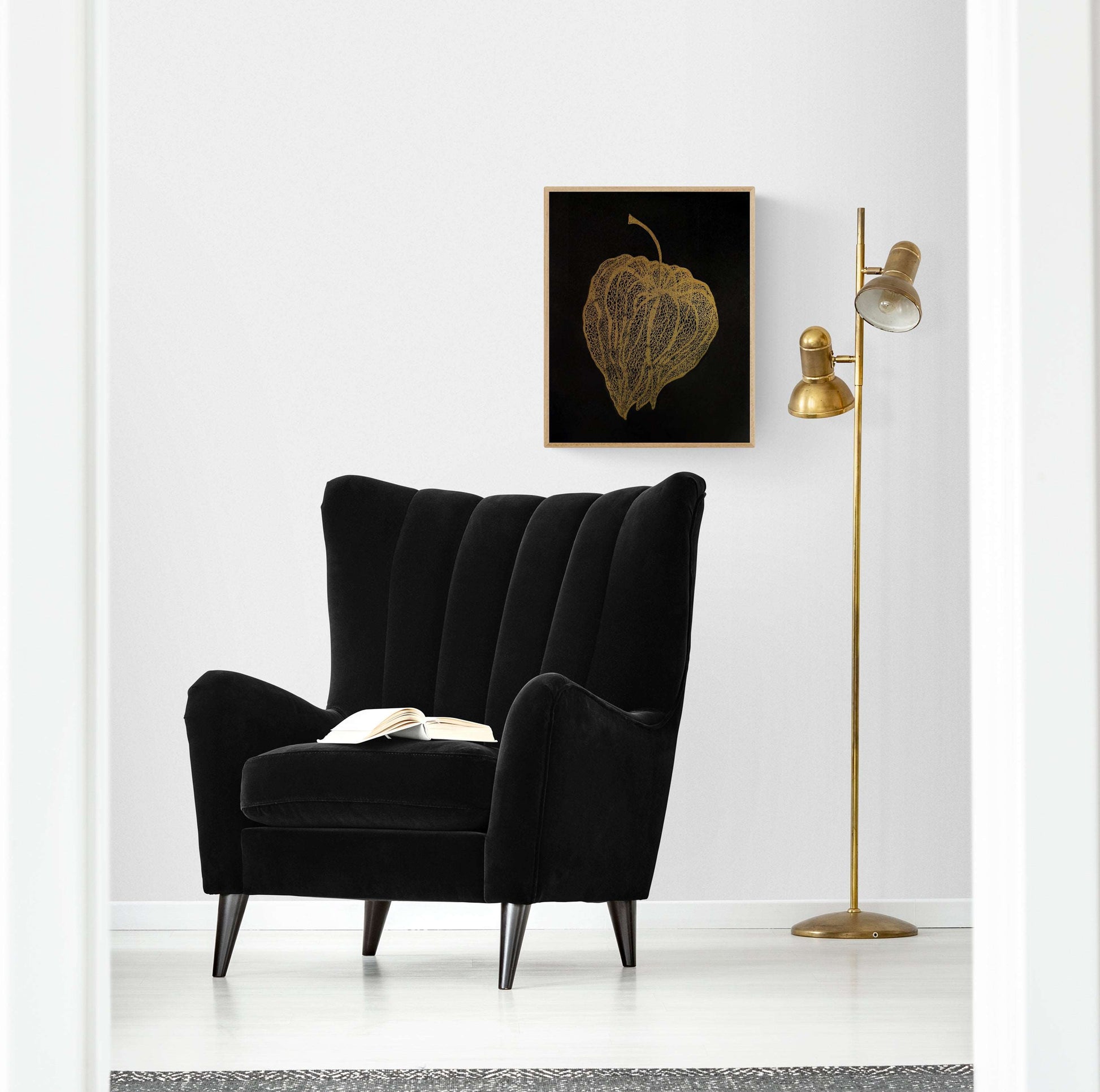 Black and gold Physalis plant Linocut print for New home gift UNFRAMED for living room or bedroom 20x16 in floral wall art Original artwork Classical art