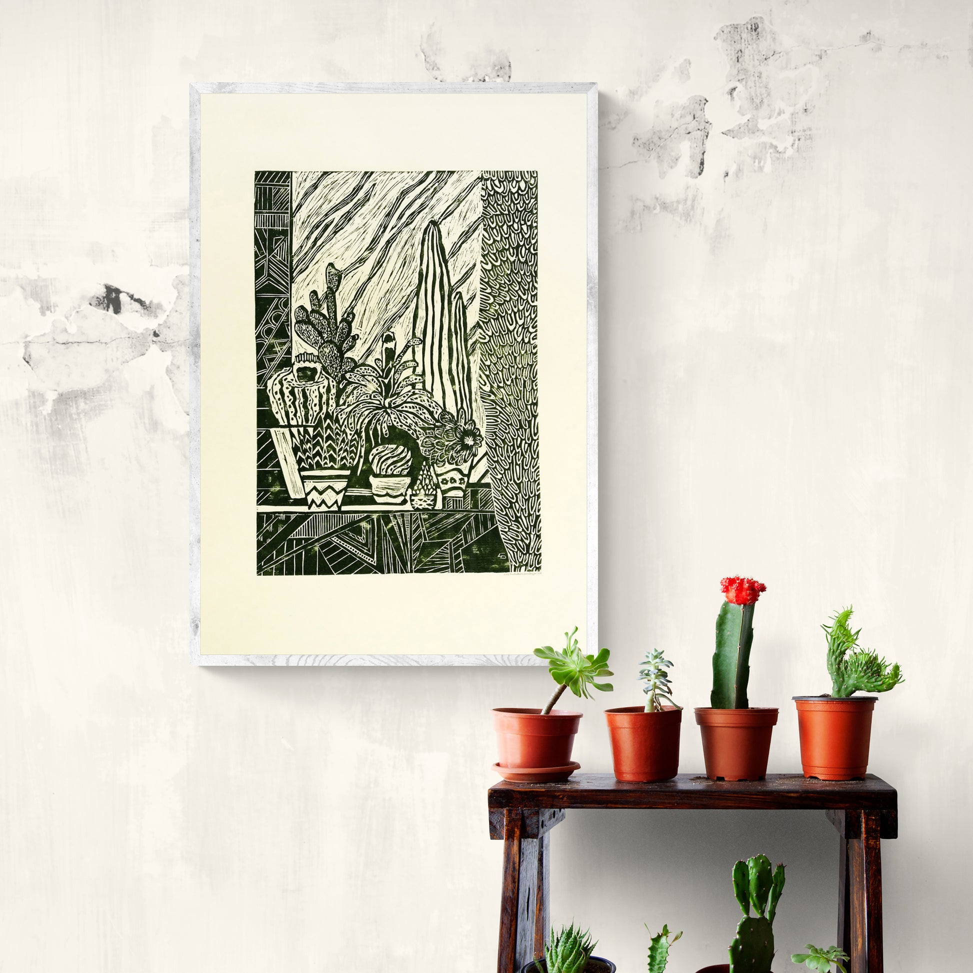 Yellow and green Botanical cactuses illustration Linocut print for Farmhouse gift UNFRAMED, original artwork, relief print, printmaking art, lino print, linogravure, handmade wall art, new home gift, farmhouse decor, housewarming gift, living room wall art, dining room art, farm kitchen art, bedroom wall decor, autumn art, fall wall art, seasonal wall decor, aesthetic wall art, cottagecore wall art, foraged wall decor, Illustration print, cactus