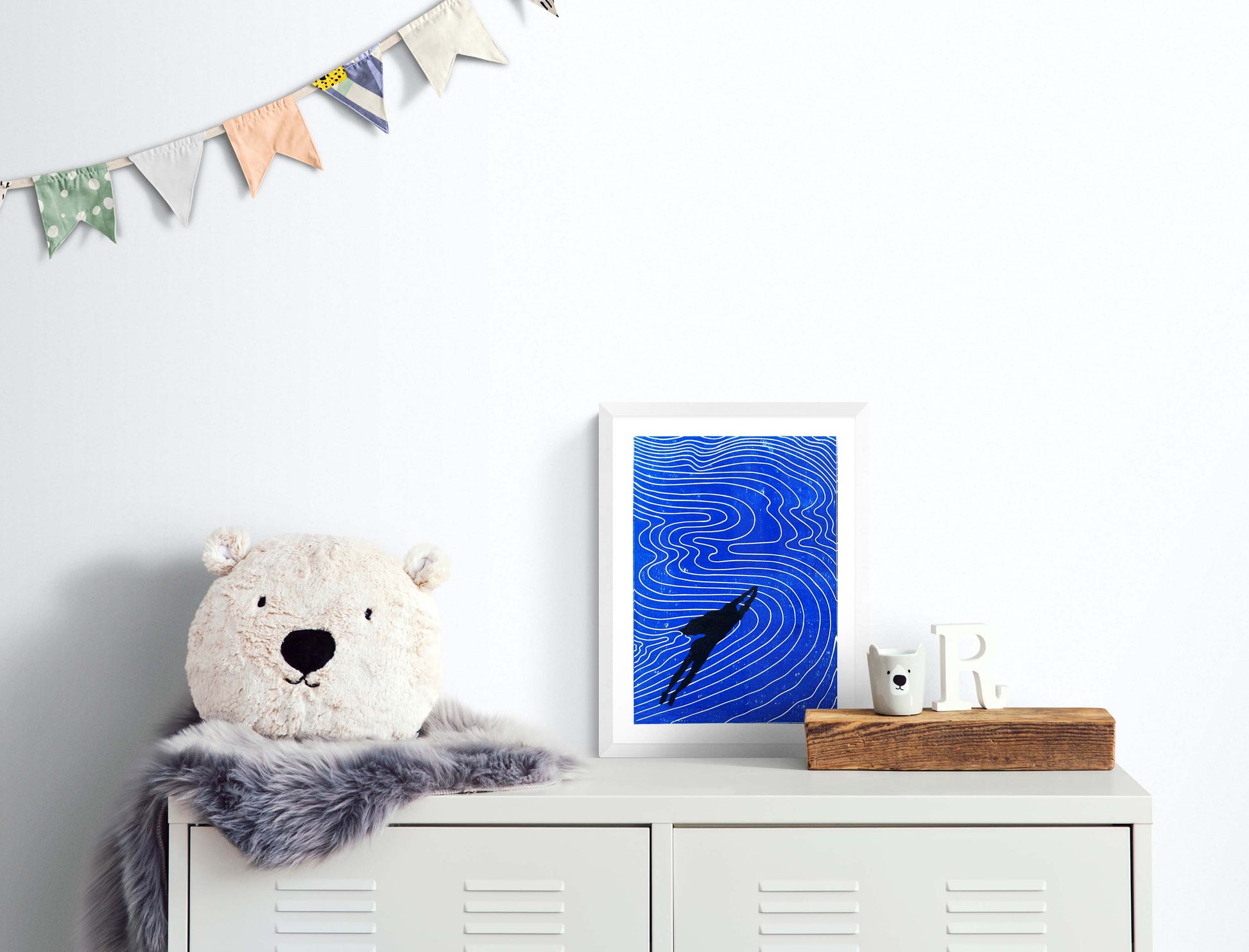 Girl swimming and Abstract blue water Linocut print art for Bedroom wall decor UNFRAMED for summer vibe in your bedroom, bathroom, living room, original artwork