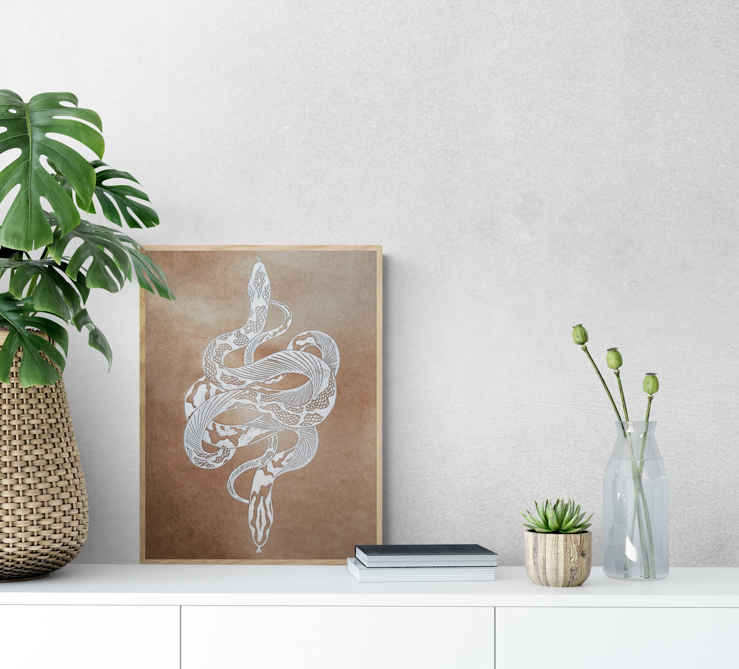 Boho white antique snake Linocut print for New home gift UNFRAMED Housewarming gift New home gift Living room bedroom decor 16x12 Original artwork Classical wall decor