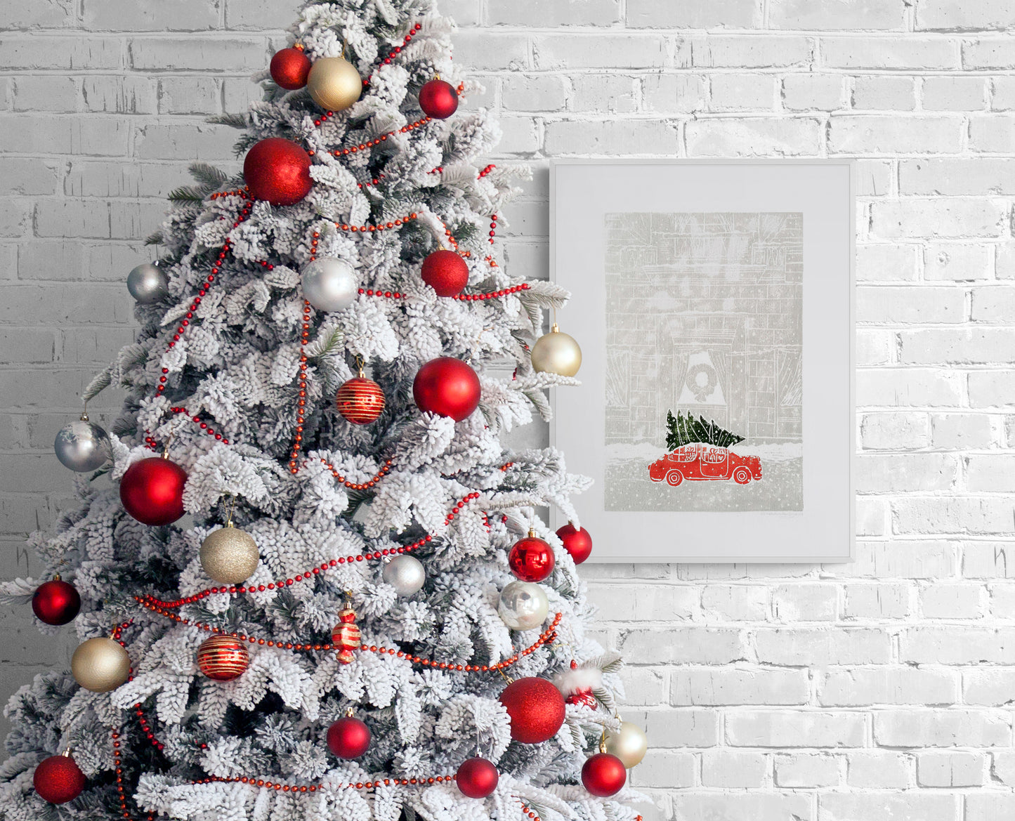 Linocut print Christmas tree and red retro car Winter city wall art 12x16 Holiday winter wall art Noel decoration UNFRAMED, Noel decoration, Linogravure, Lino print, Printmaking art, Illustration print, original artwork, handmade modern red retro car decor, living room or bedroom wall decor