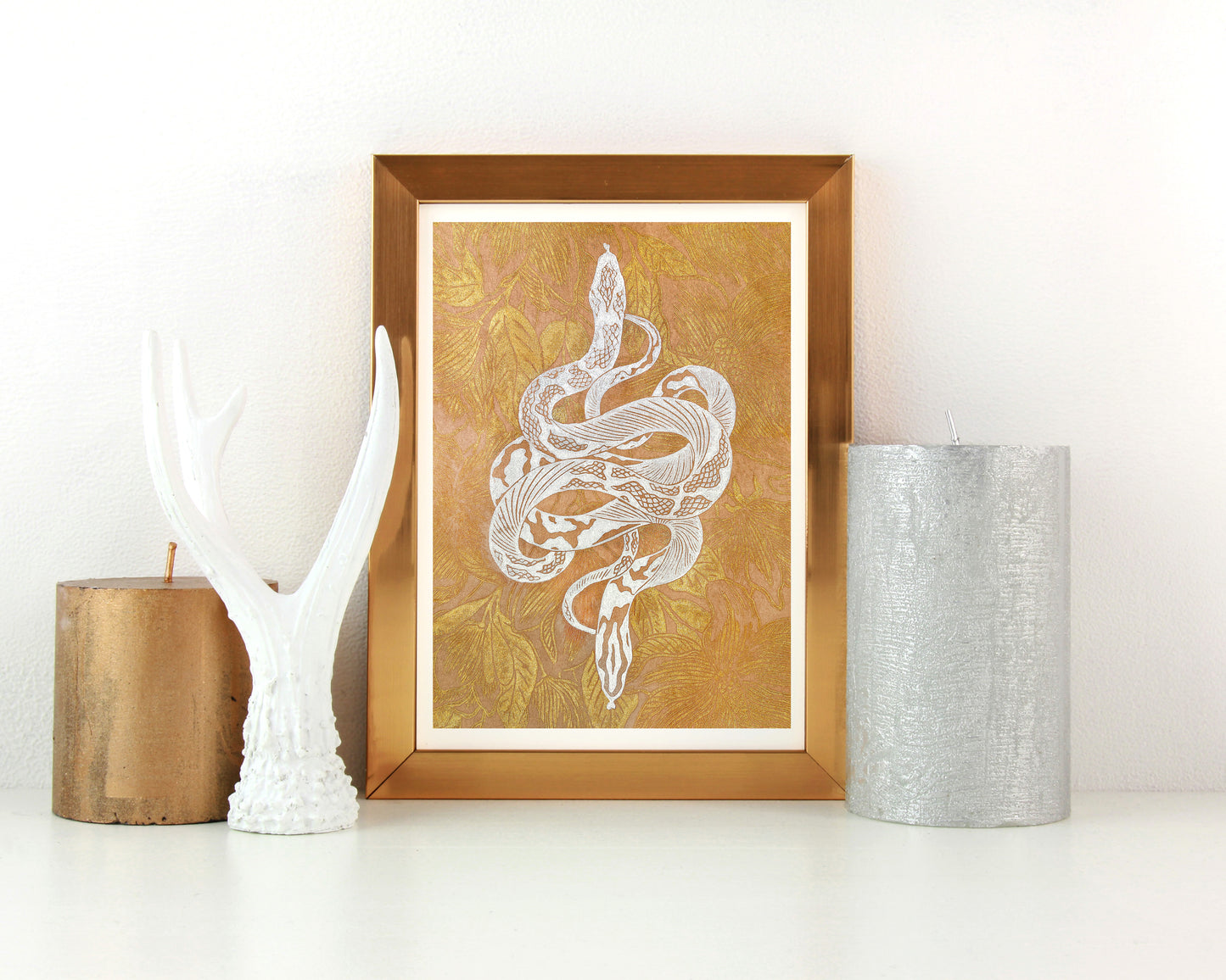 Printable linocut print White floral snake with gold magnolia flower Botanical autumn wall art poster Nature lover gift INSTANT DOWNLOAD, Living room wall art, Farmhouse decor, foraged wall decor, cottagecore wall art, autumn wall art, Boho snake poster
