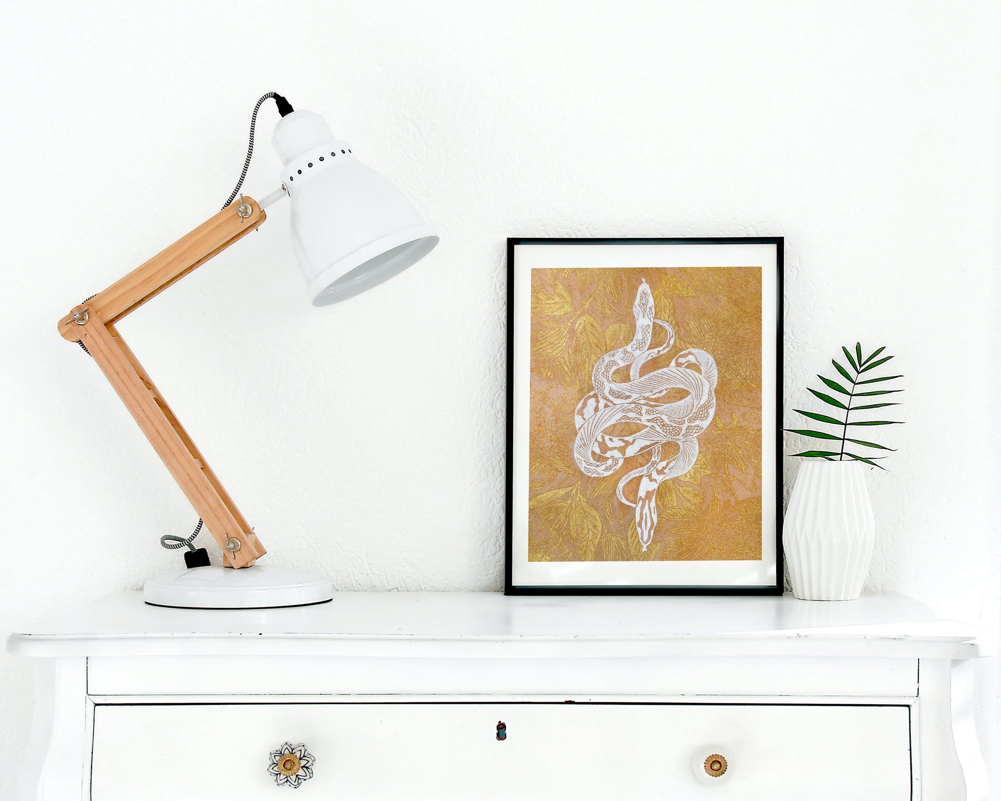 Printable linocut print White floral snake with gold magnolia flower Botanical autumn wall art poster Nature lover gift INSTANT DOWNLOAD,  Living room wall art, Farmhouse decor, foraged wall decor, cottagecore wall art, autumn wall art, Boho snake poster
