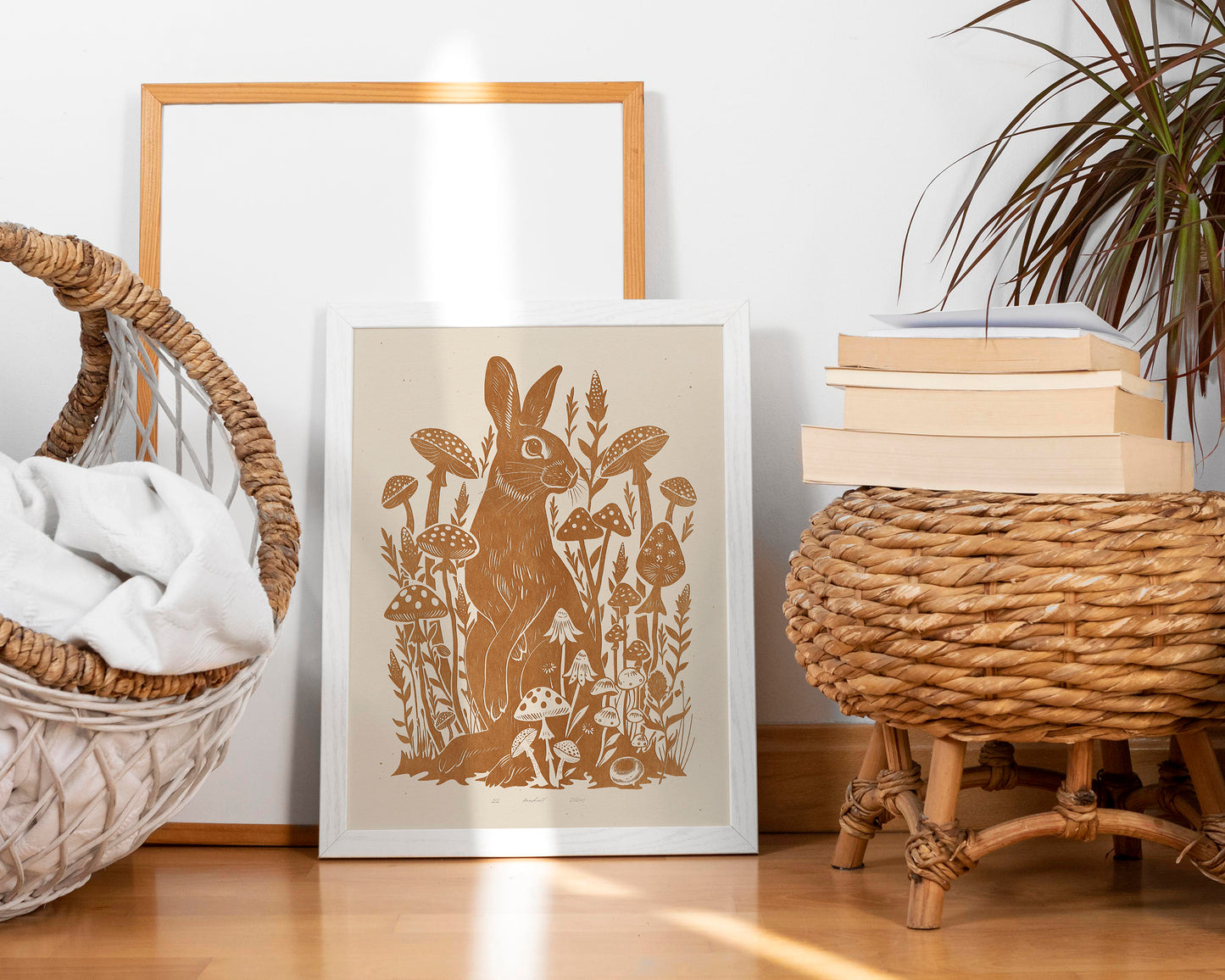 Living room wall art Nature lover gift Printable linocut Cottagecore decor Digital downloadable linogravure lino foraged poster art Relief texture Bedroom kids rooom prints Yellow ochre rabbit mushroom large plant wall art bunny new home