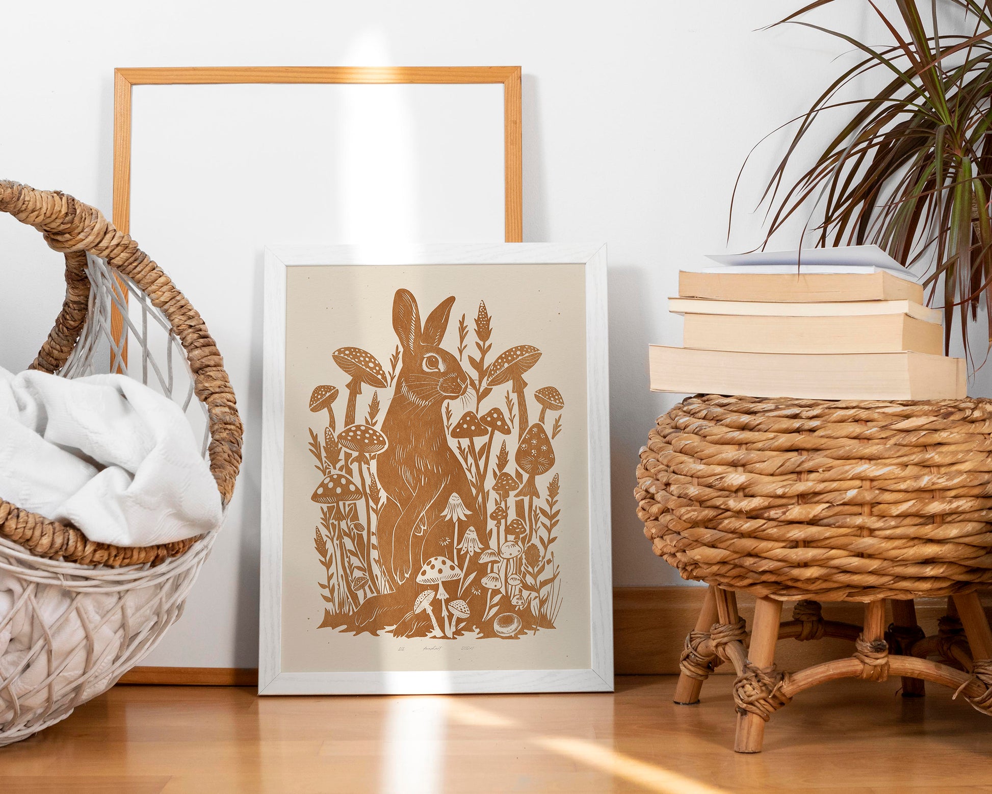 Living room wall art	Nature lover gift	Printable linocut	Cottagecore decor	Digital downloadable	linogravure lino	foraged poster	art Relief texture	Bedroom kids rooom	prints Yellow ochre	rabbit mushroom	large plant wall art	bunny new home