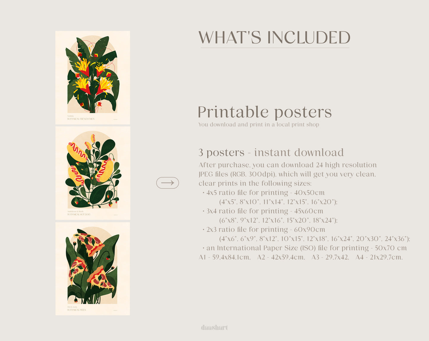Gallery wall set of 3 Botanical pizza French fries and hot dog fast food poster for Modern kitchen