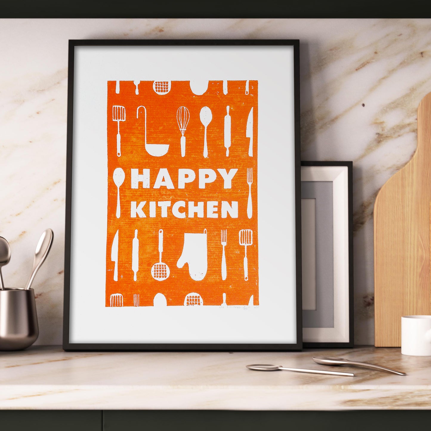 Orange utensils pattern Happy kitchen sign Linocut print Simple original artwork Printmaking for Modern kitchen art Dining room wall decor Linogravure Lino print Farmhouse wall decor New home gift  Printmaking Handmade wall decoration relief block wall art print
