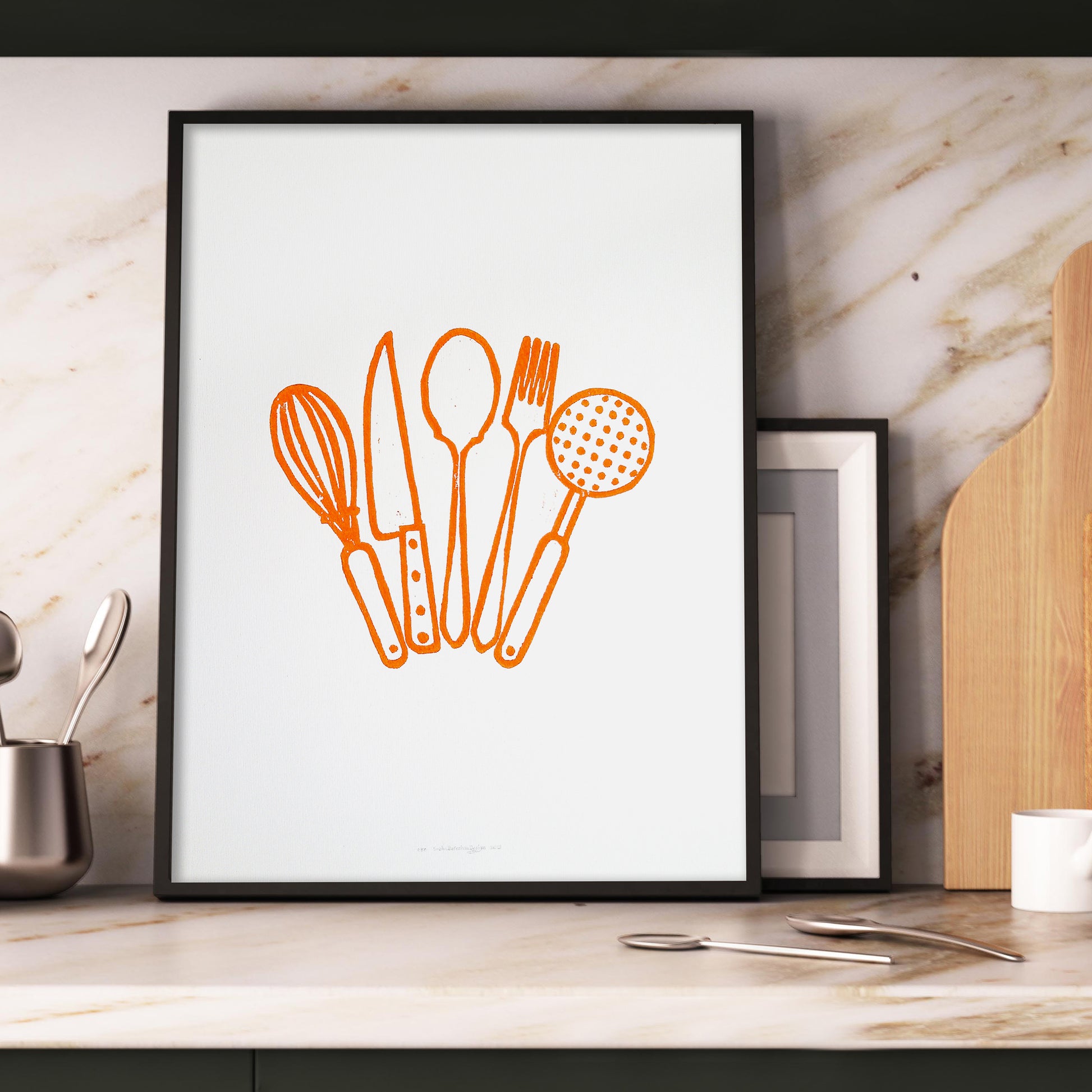 Orange kitchen utensils Linocut print Printmaking relief wall art Spoon fork knife whisk Simple original artwork for Modern kitchen decor Dining room Block minimalist Handmade print wall Home decor Decorations Accessories