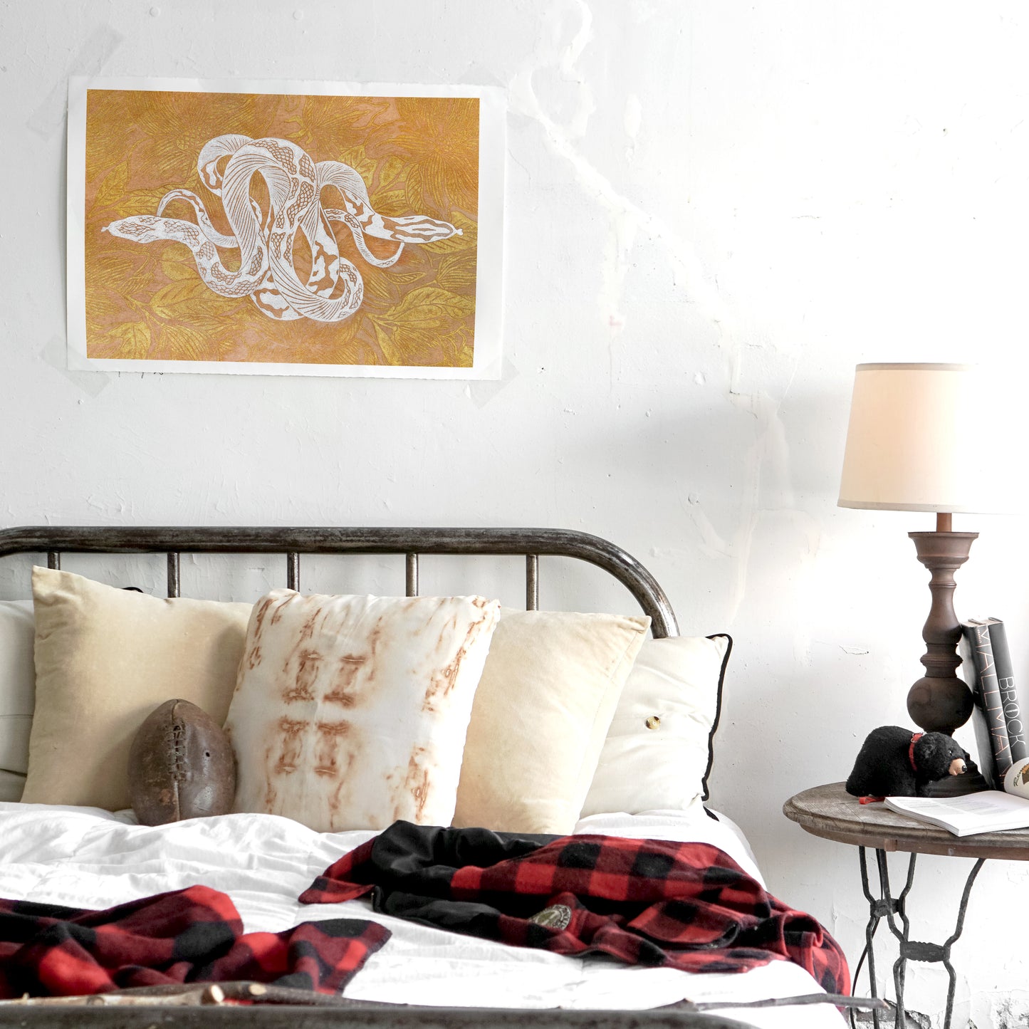 Printable linocut print White floral snake with gold magnolia flower Botanical autumn wall art poster Nature lover gift INSTANT DOWNLOAD, Living room wall art, Farmhouse decor, foraged wall decor, cottagecore wall art, autumn wall art, Boho snake poster