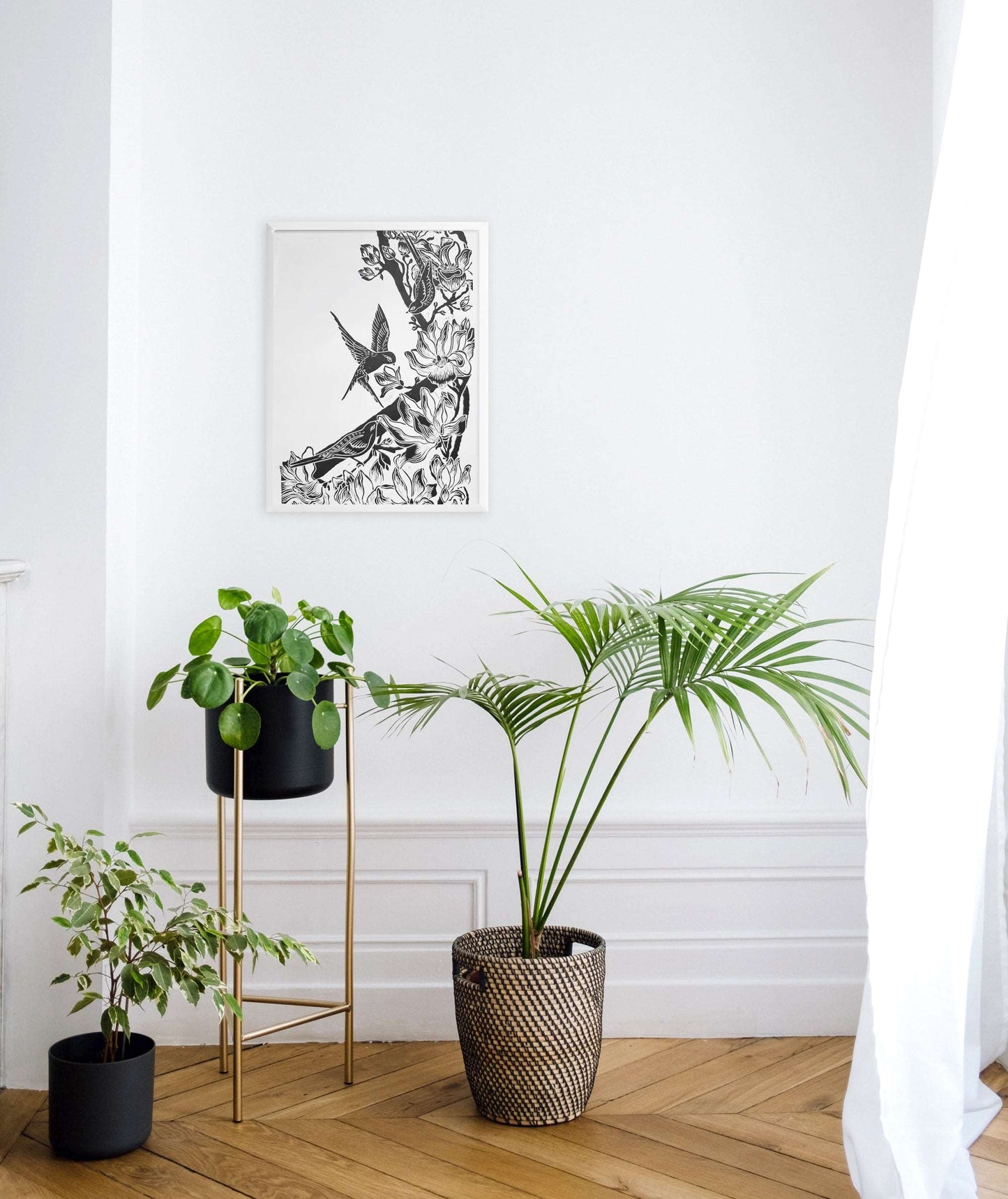 Black Japanese magnolia flowers and birds Linocut print for Nature lover gift UNFRAMED Housewarming gift Nature lover gift New home gift living room bedroom decor