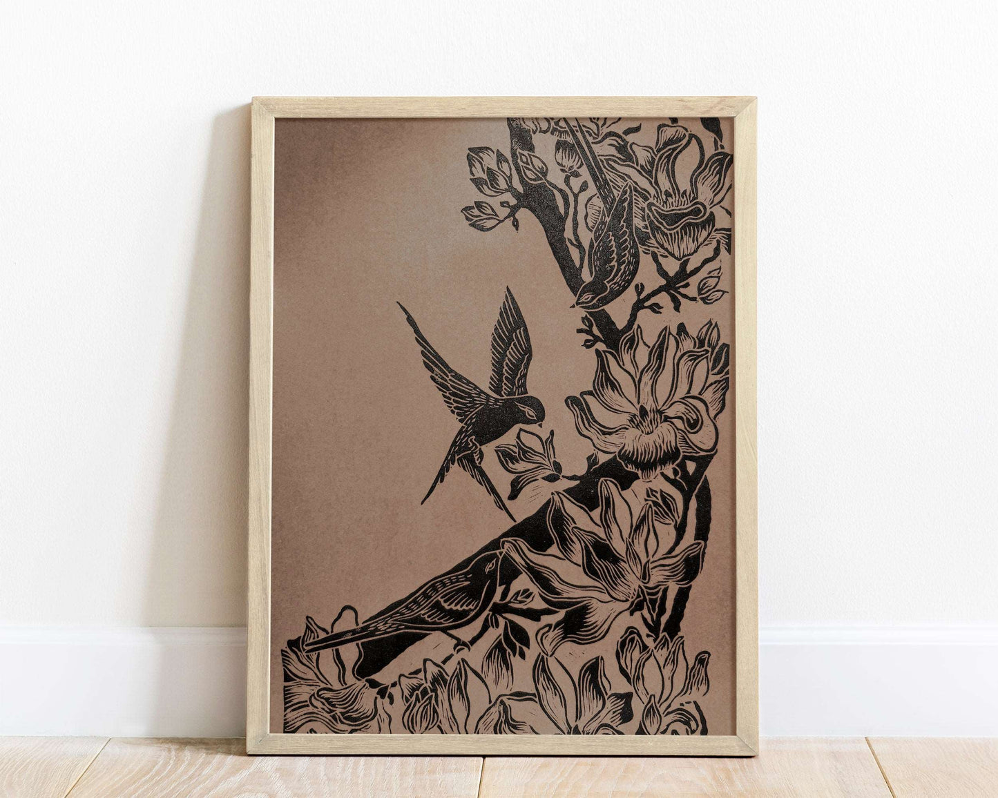 Black Japanese magnolia flowers and birds Linocut print for Nature lover gift UNFRAMED Housewarming gift Nature lover gift New home gift living room bedroom decor