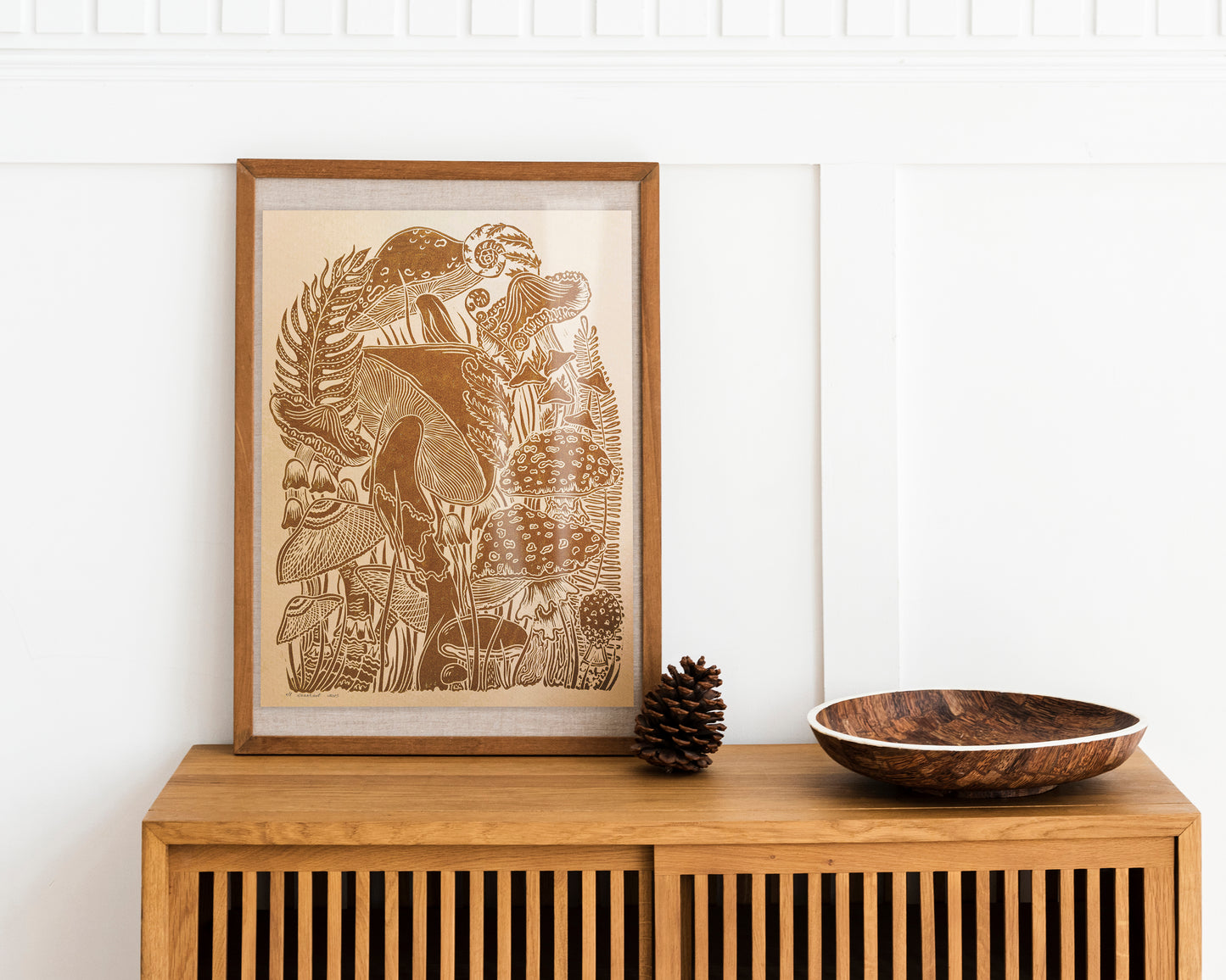 Vintage Beige paper and ochre mushrooms Linocut print for Nature lover gift / farmhouse kitchen wall art UNFRAMED