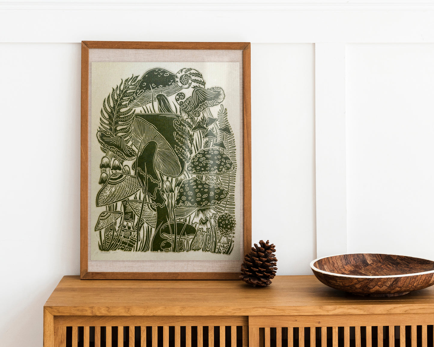 Vintage green paper and green, mushrooms Linocut print for Nature lover gift / farmhouse kitchen wall art UNFRAMED / lino print / linogravure / relief block print / printmaking wall decor