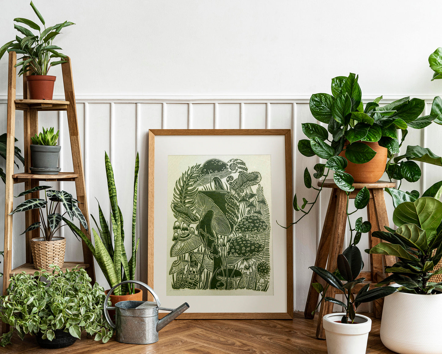 Vintage green paper and green, mushrooms Linocut print for Nature lover gift / farmhouse kitchen wall art UNFRAMED / lino print / linogravure / relief block print / printmaking wall decor