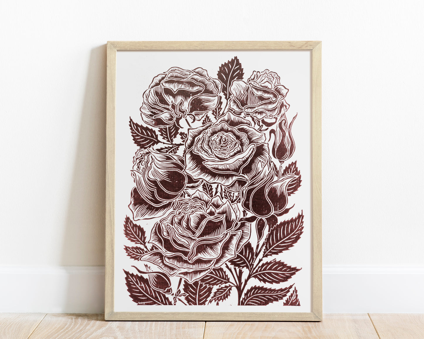Dark brown roses flower Linocut print for Nature lover gift UNFRAMED
